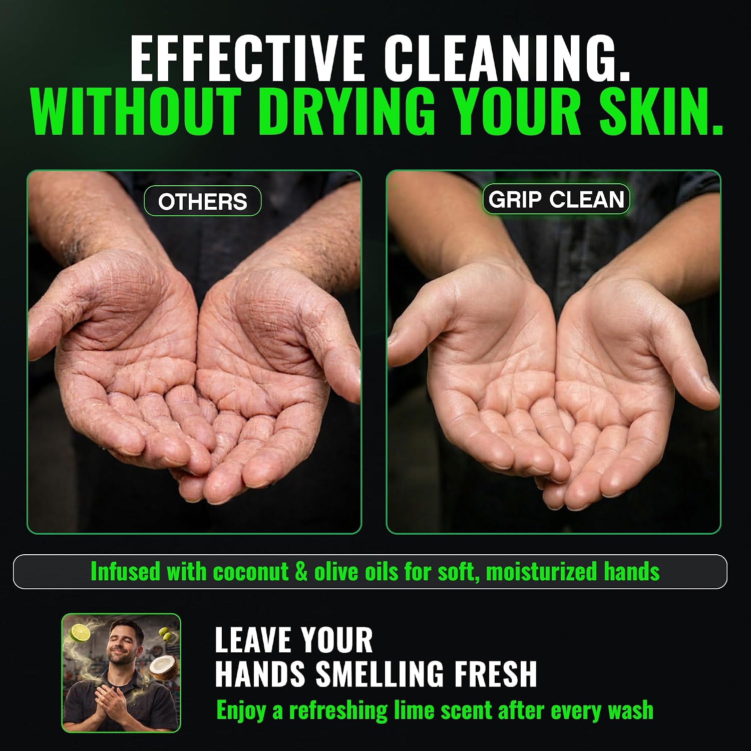 Grip Clean Heavy Duty Hand Cleaner For Mechanics, Natural Pumice, 64 Oz | Clay Infused, Grease, Oil, Grime Remover, Moisturizing Coconut Olive Oils, Lime Scent, For Shop, Garage, Industrial Use