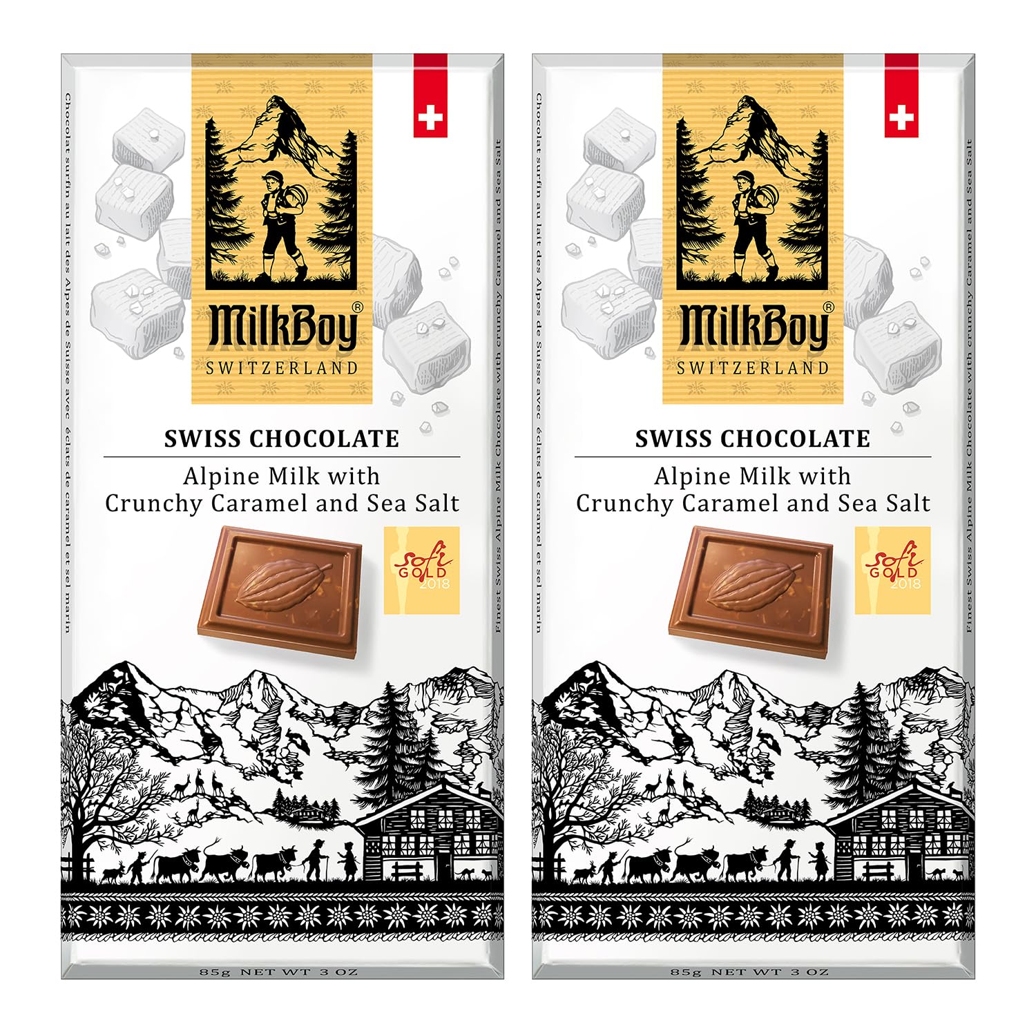 MilkBoy Swiss Chocolates Milk Chocolate Bars, Caramel Salt - 3 oz, 5 Pack | Premium gourmet treat with crunchy caramel and sea salt. Gluten free. Non-GMO. Kosher. Crafted in Switzerland.
