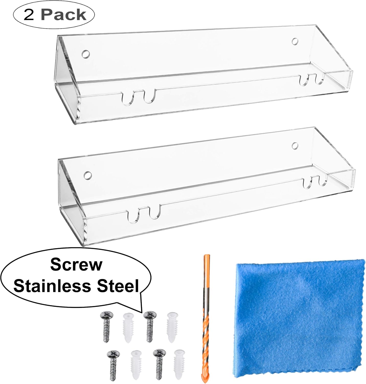 AMT 2 Pack Acrylic Floating Shelves, 15" L x 4" W, Clear Bathroom Wall, Bookshelves, Invisible Display for Office, Bedroom