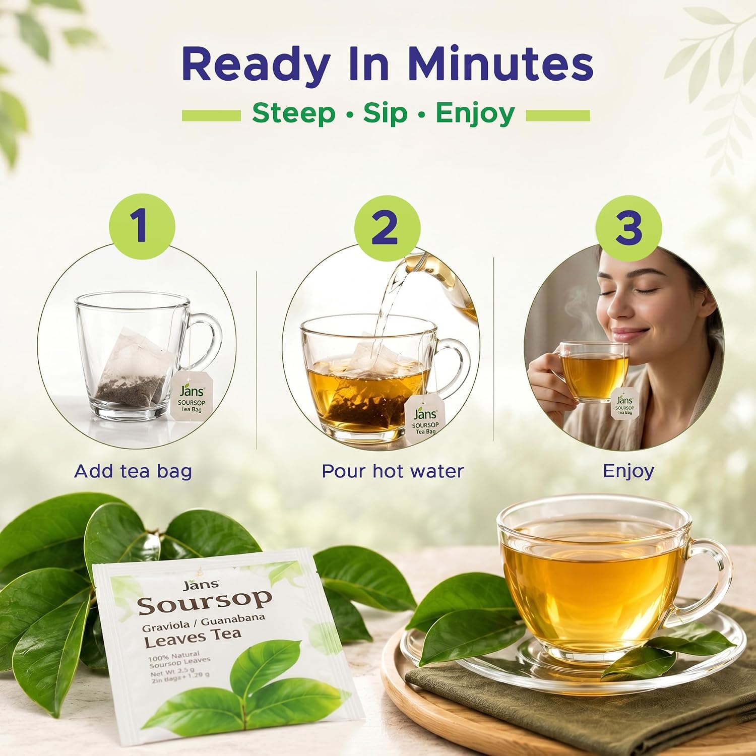 Jans Soursop Tea Bags 25 Count | 100% Natural Soursop Leaves | Caffeine Free Sour Sop Tea | Vegan Herbal Tea | Individually Wrapped Tea Bags | Cholesterol Free Sugar Free Relaxation Beverage