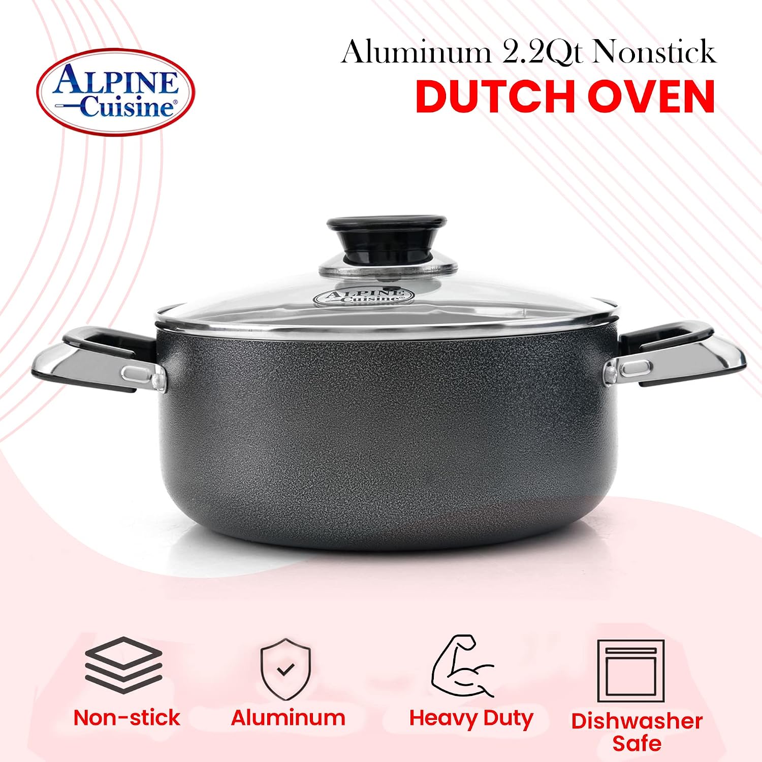 Alpine Cuisine 4 Quart Non-stick Stock Pot with Tempered Glass Lid and Carrying Handles, Multi-Purpose Cookware Aluminum Dutch Oven for Braising, Boiling, Stewing