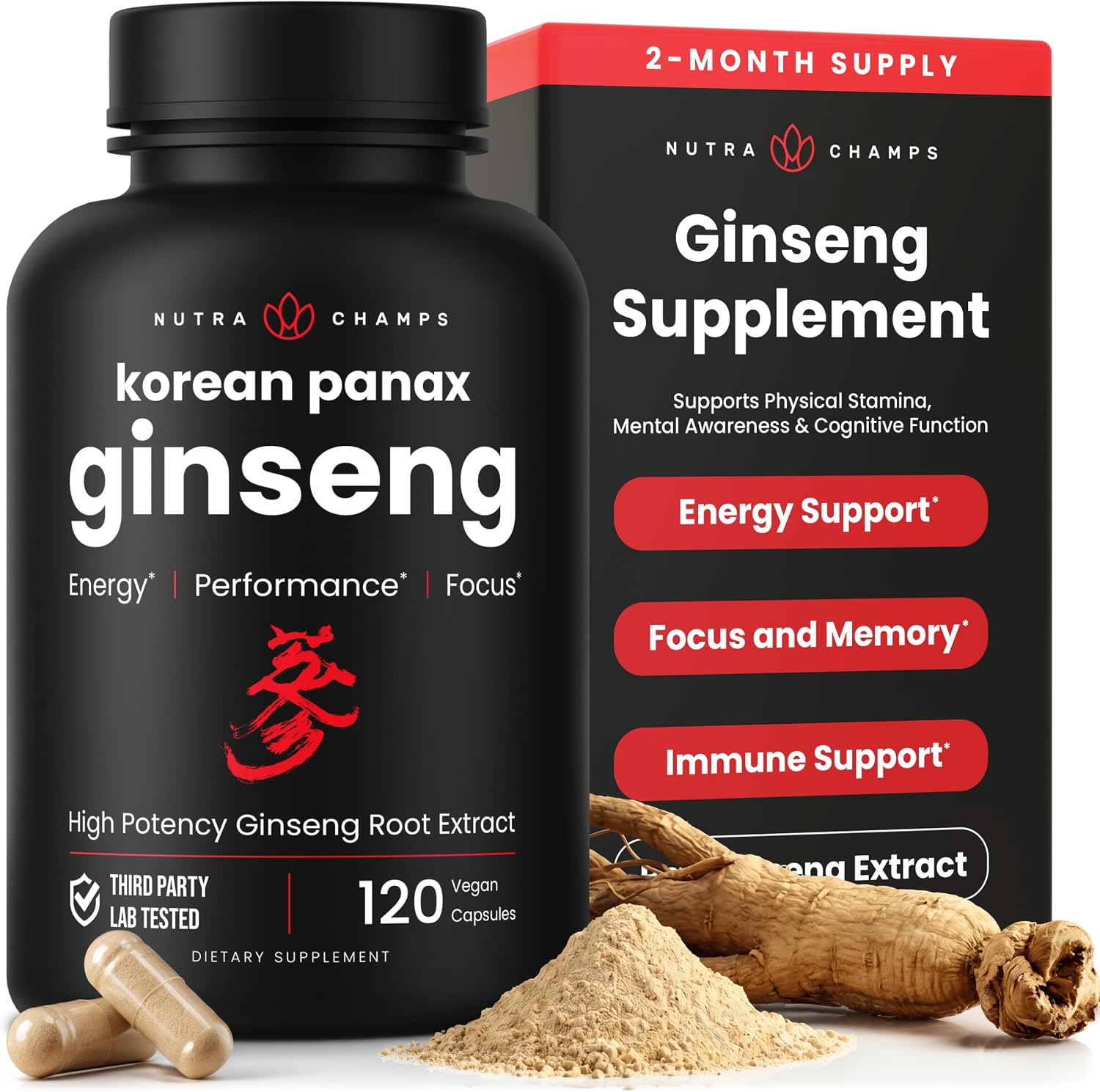 NutraChamps Korean Red Panax Ginseng Capsules | Extra Strength Ginsenosides for Energy, Focus, Performance, Vitality & Immune Support | Korean Ginseng Root Extract for Men (120)