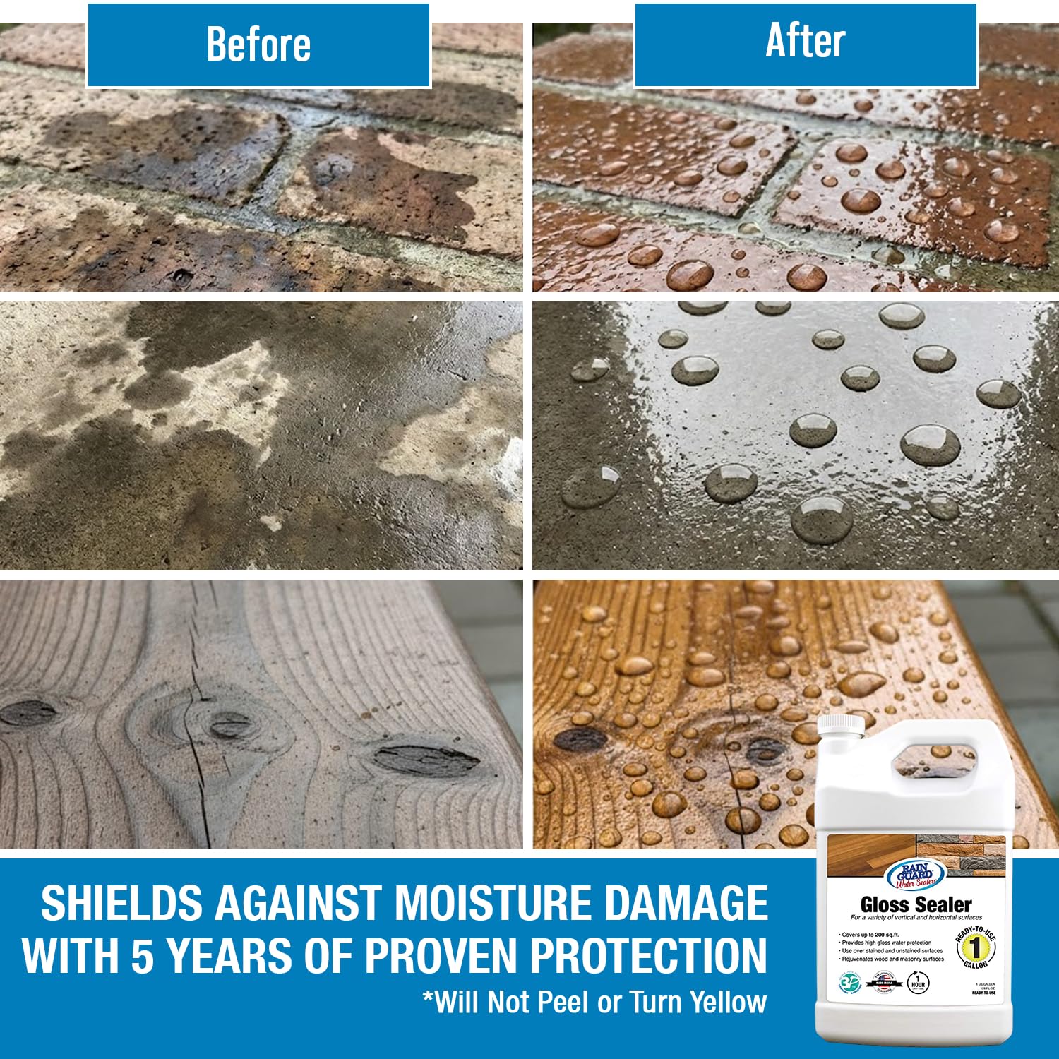Rainguard Clear Gloss Sealer, Wet Look Water Based Silicone Acrylic Waterproofer for Concrete, Wood, Brick, Stone & Masonry Surfaces, Ready to Use, 1 Gallon | Water Based Silicone Acrylic For Wood, Brick, Stone & Masonry Surfaces, Ready To Use For Pavers…