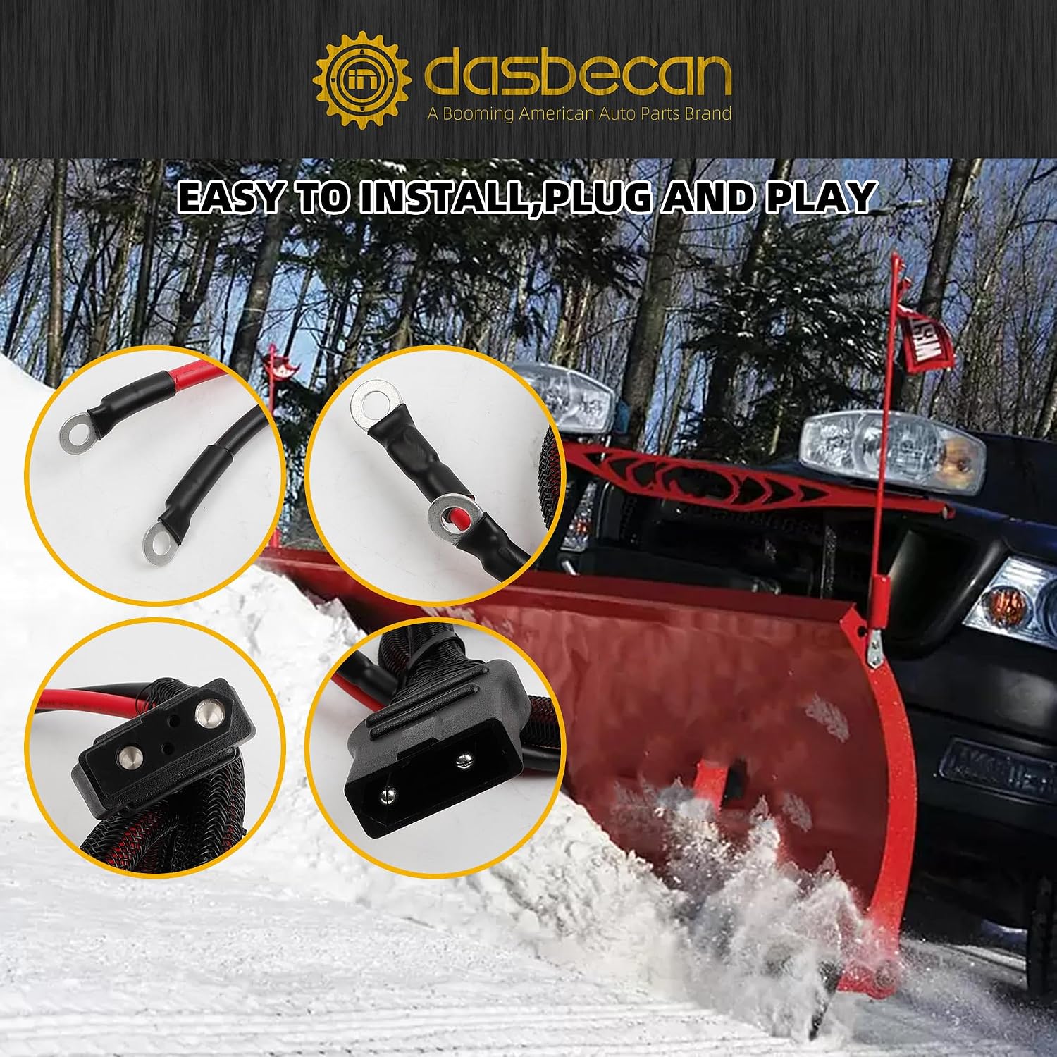 Dasbecan 21294 2 Pin Battery Cable Compatible with Western Fisher Snow Plow | Truck & Plow Side Battery Cable Wiring Harness Replaces# 61169 63411