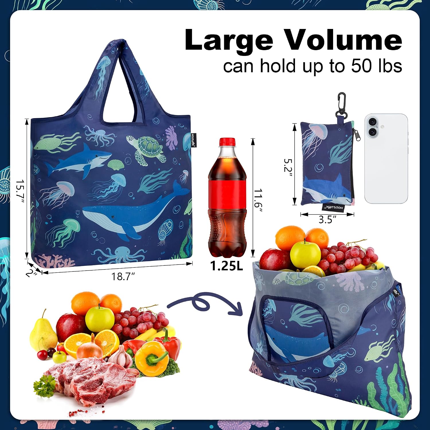 HOLYLUCK Reusable Grocery Bags,Heavy Duty Foldable Shopping Tote Bag (Standard, 3 Blue Geometric Flowers)