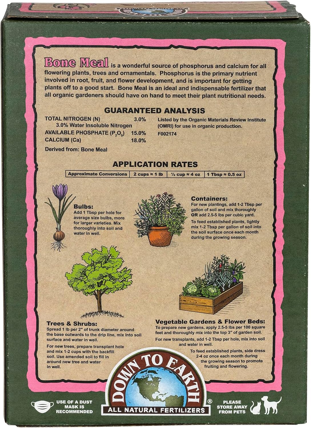 Down To Earth All Natural Fertilizers Organic Bone Meal - 3-15-0, 5 lb | High Phosphorus Plant Food for Buds, Bulbs, Blooms, Flowers, Onions, Garlic