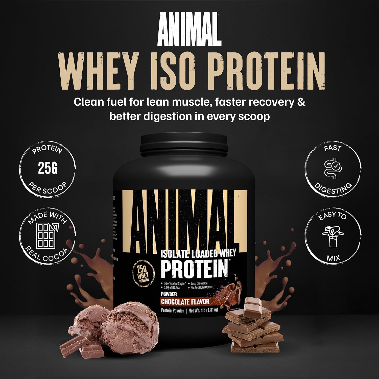 Animal Whey Isolate Protein Powder - Loaded for Pre & Post Workout Muscle Builder and Recovery with Digestive Enzymes for Men & Women - 25g Protein, Great Taste, Low Sugar - Chocolate 2 lbs