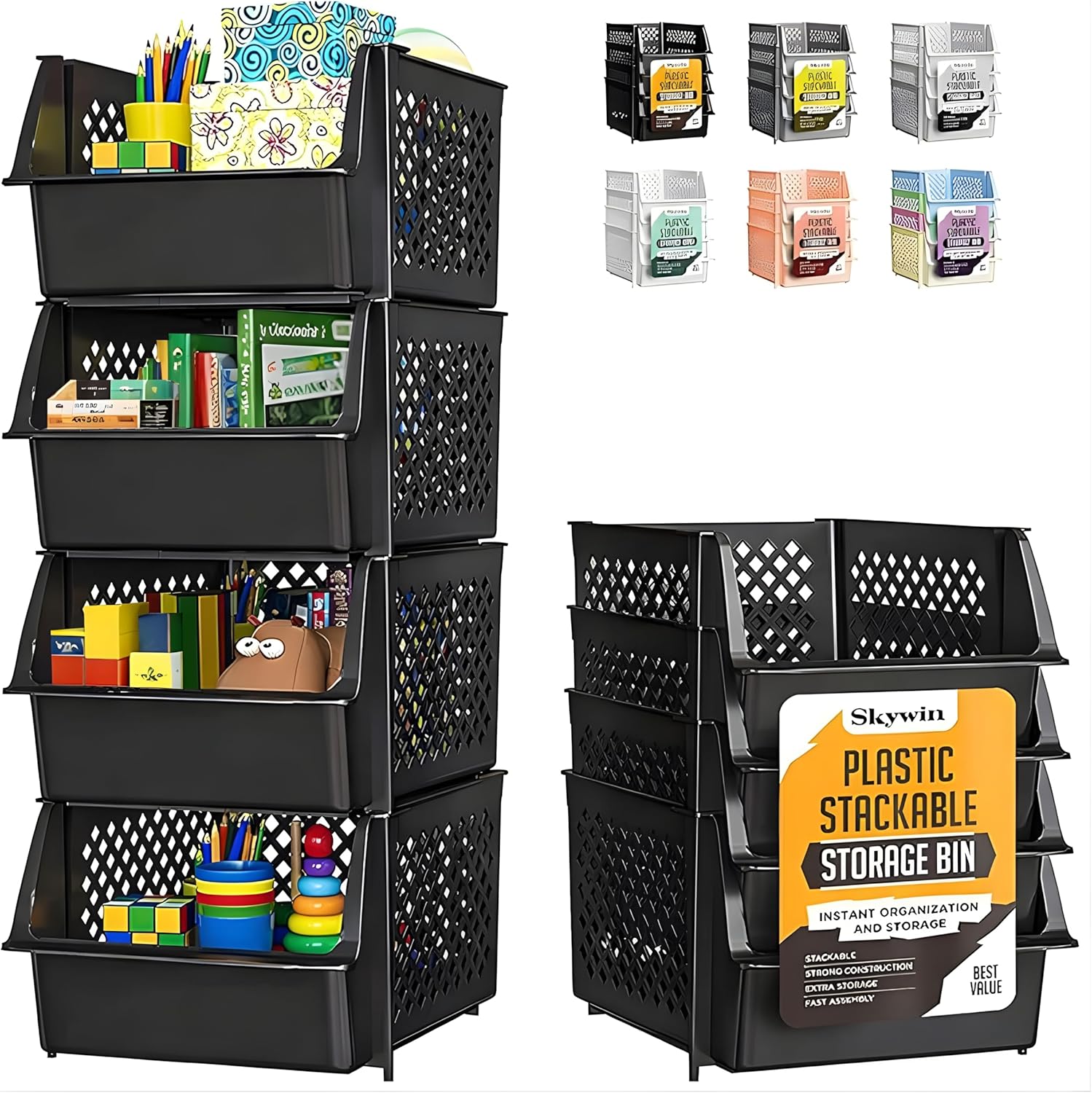 Skywin Stackable Storage Bins Open Front for Pantry Storage, 4 Pack - Black