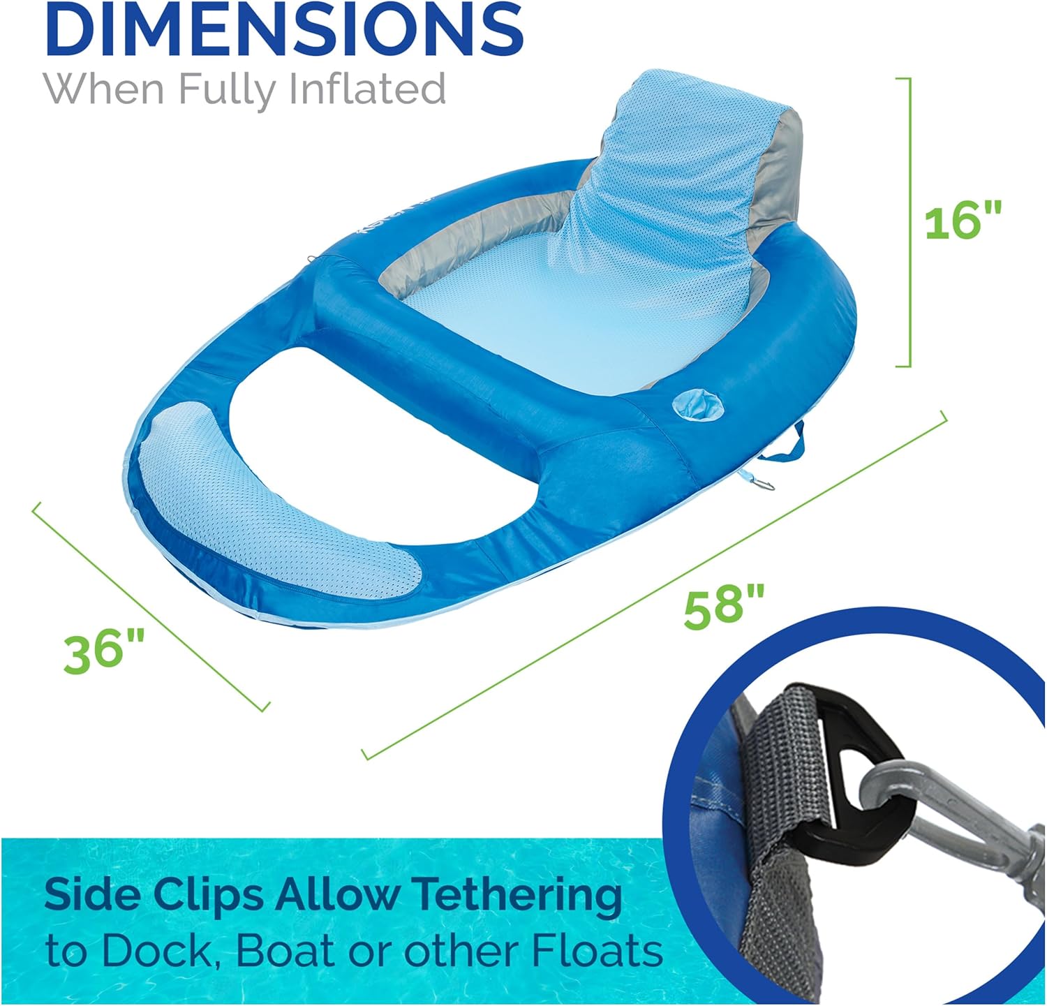 Kelsyus Spring Float Pool Lounger Chair, Light Blue | Fast Inflation for Immediate Use During Travel, Fits Most Adults and Teens