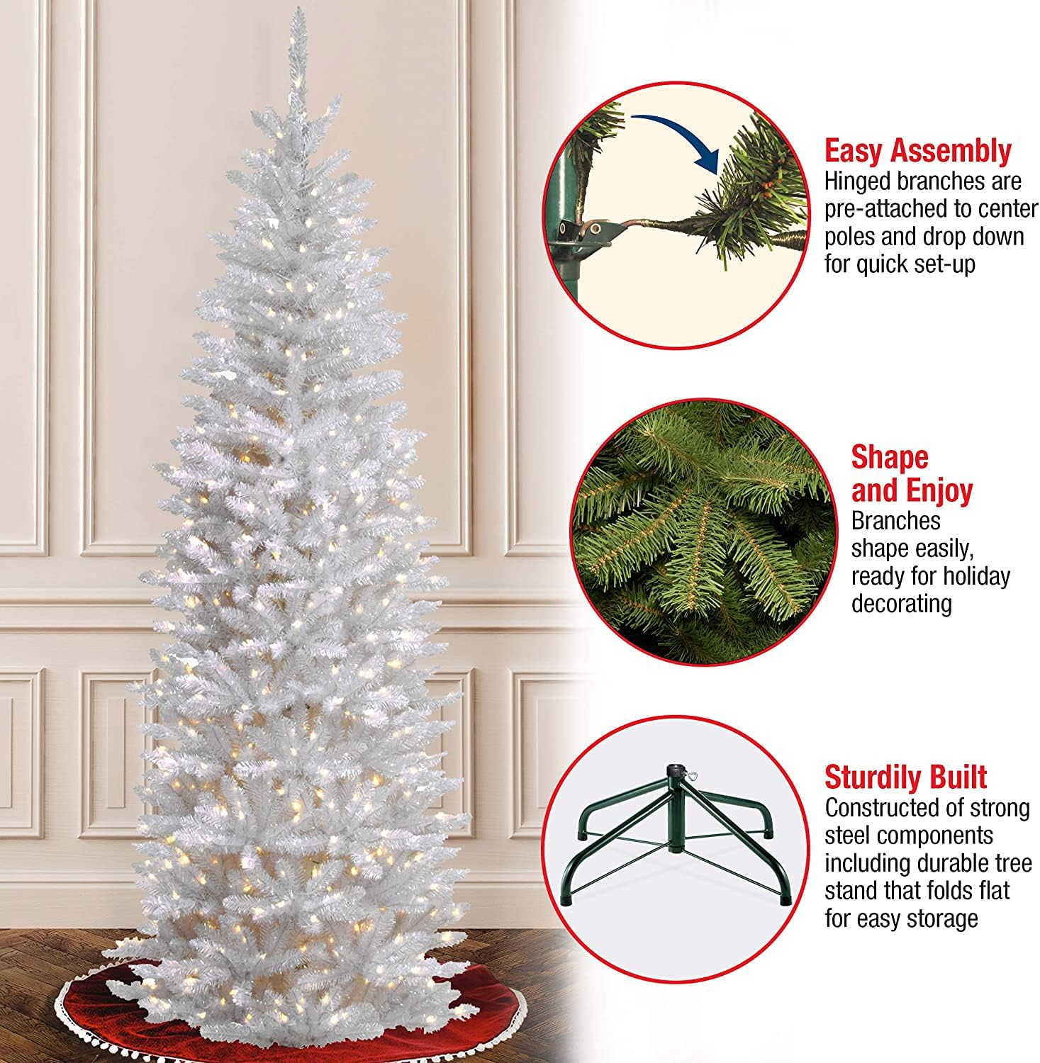 National Tree Company 7.5ft Pre-Lit Kingswood Fir Slim Christmas Tree | 350 Clear Lights, 1,075 Tips, Includes Stand, Artificial, White