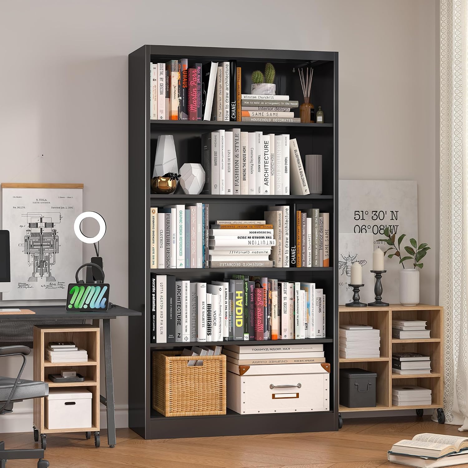 Bookcase,5 Tier White Bookshelves,66" Tall Free Standing Metal Bookcase with Adjustable Storage Shelves, Industrial Wide Bookshelf for Bedroom Living Room Home Office School