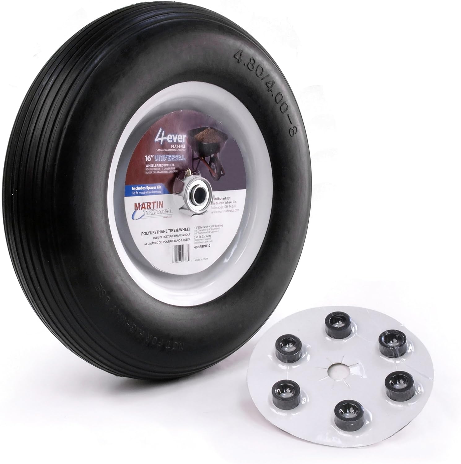 480/400-8 16" Flat Free Wheelbarrow Wheel 6x5/8" Hub
