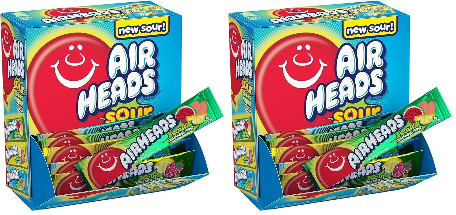 Airheads Full-Size Candy Bars, Assorted Taffy Variety Pack, 60 Count Box | Individually Wrapped Bulk Candy, Six Assorted Fruit Flavors, Artificially Flavored