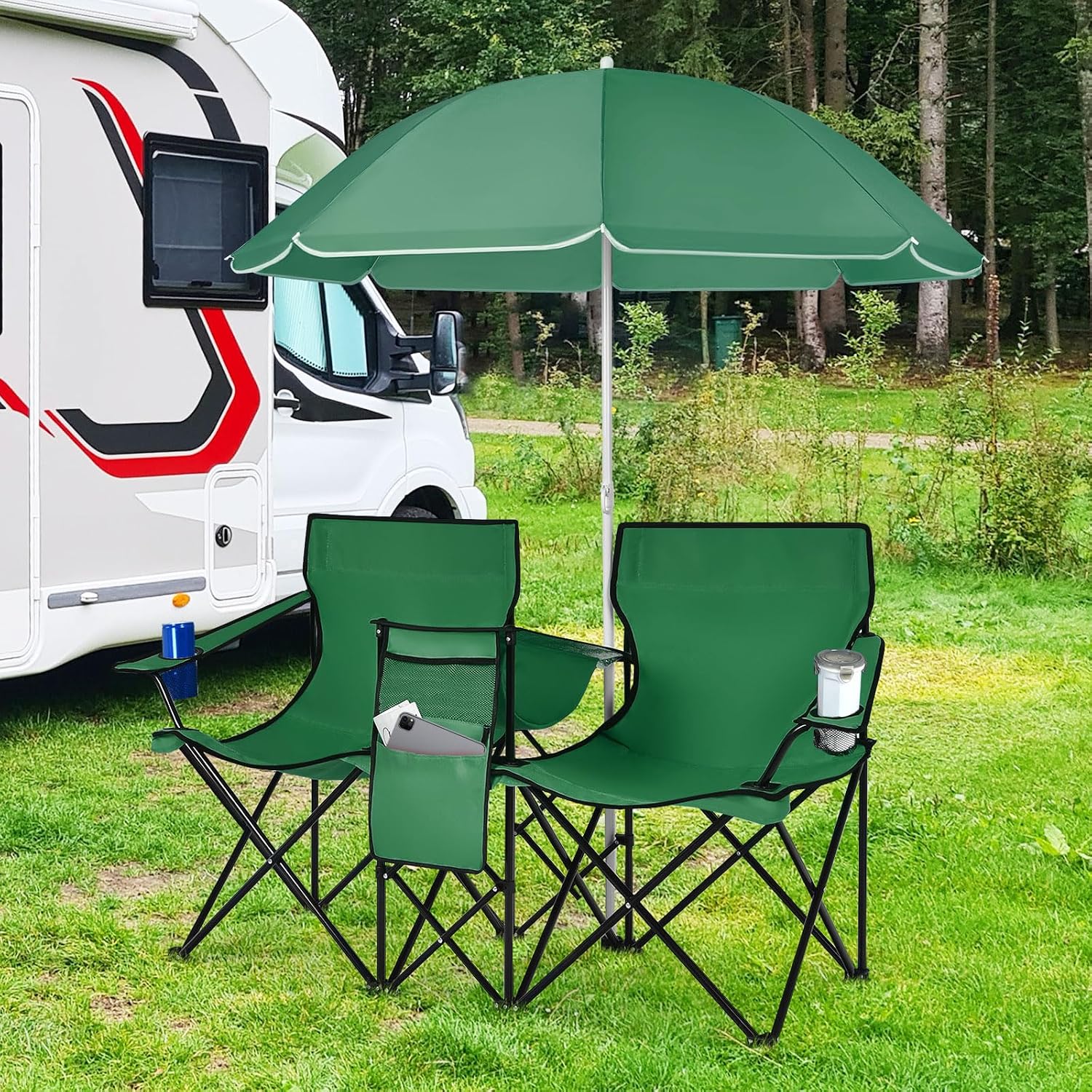 COSTWAY Double Portable Picnic Chairs, Folding Camping Chairs w/Detachable Umbrella, Cooler Bag, Cup Holders, Patio Beach Camping Chairs for Outdoors, Blue | Detachable Umbrella, Cooler Bag, Cup Holders, Patio Beach Camping Chairs for Outdoors, Blue