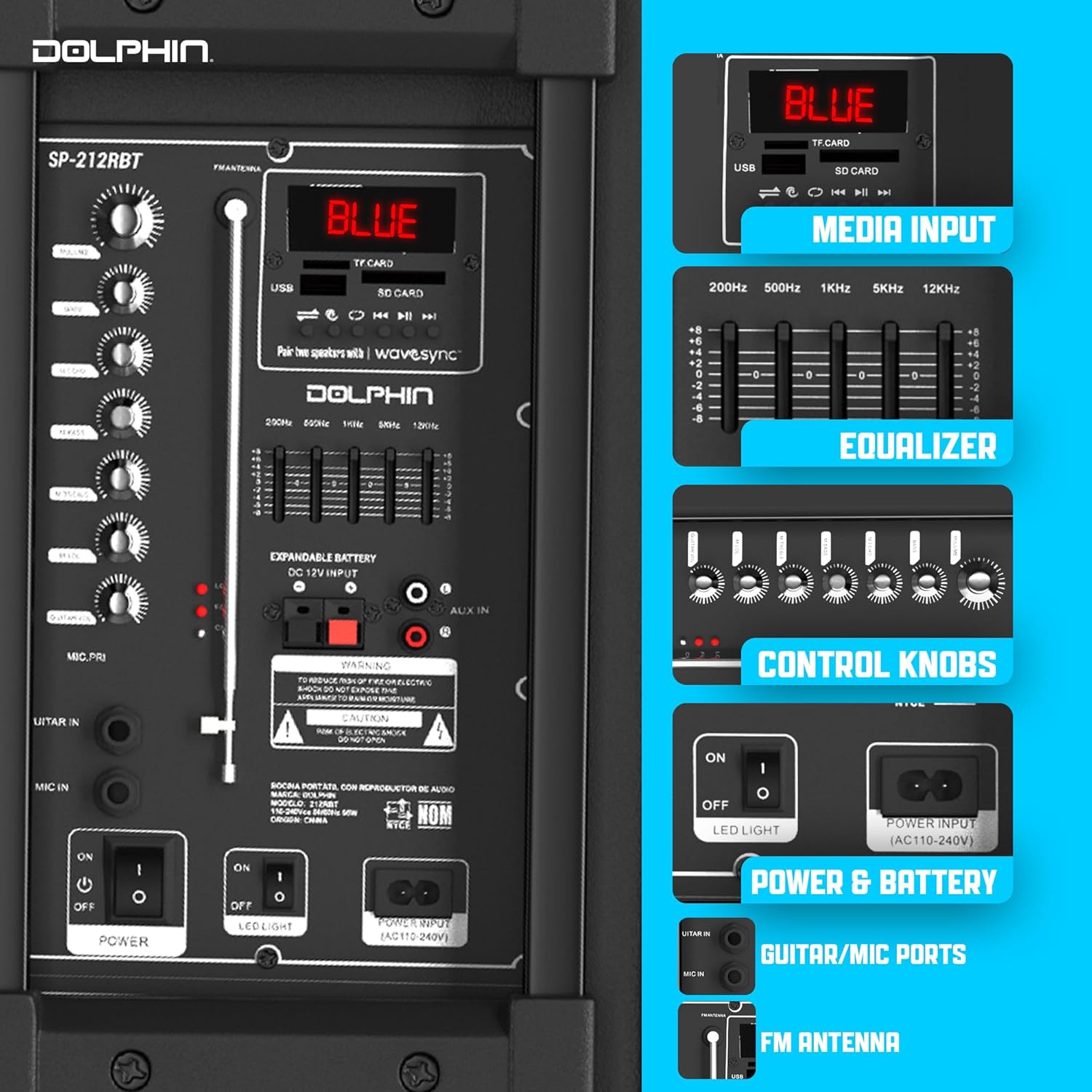 Dolphin Bluetooth Party Speaker with Wired Microphone, Dual 12" Woofers | 5-Band EQ, Hi-Fi Amplifier, Multicolor LED Lights, USB & AUX Playback
