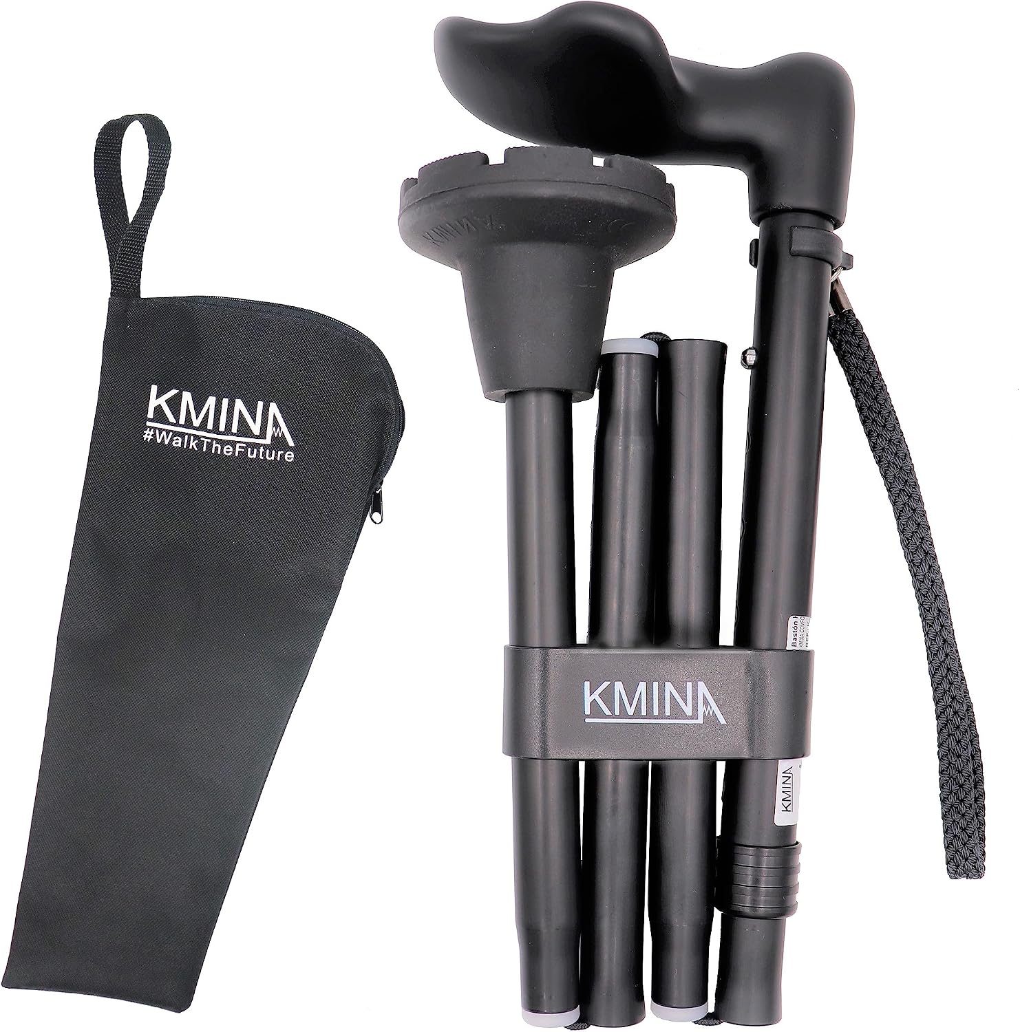 KMINA Folding Walking Cane for Women and Men, Palm Grip, Right Hand, Black