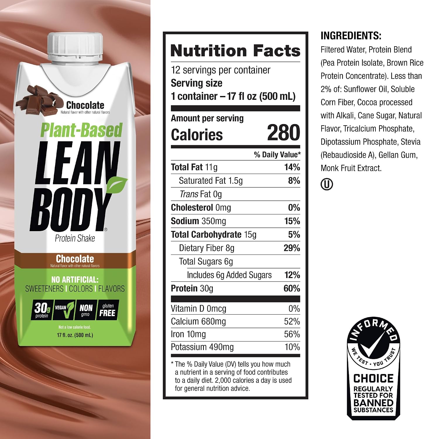 Labrada Lean Body Ready-to-Drink Chocolate Protein Shake, 40g Protein, Whey Blend, 0 Sugar, Gluten Free, 22 Vitamins & Minerals, LABRADA, 17 Fl Oz (Pack of 12)