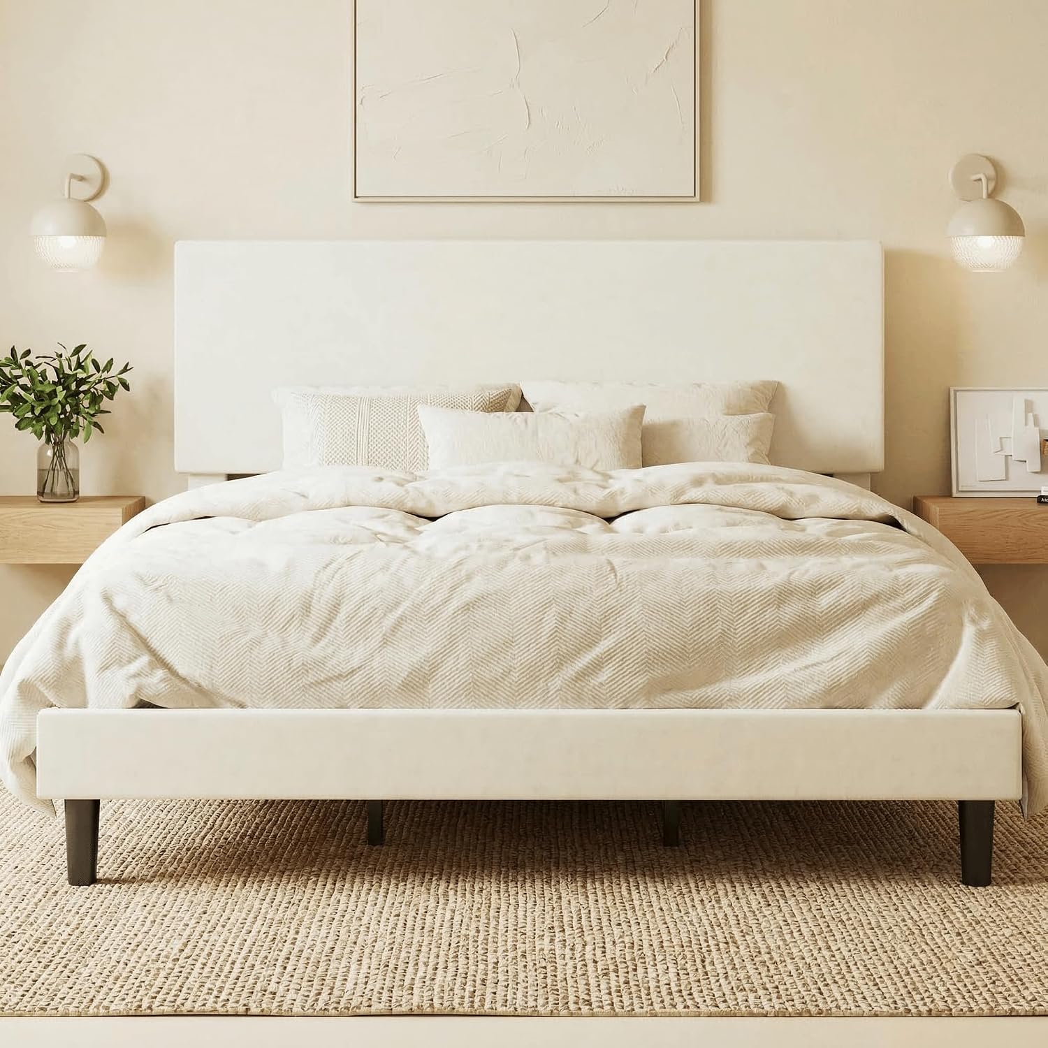 SHA CERLIN Boucle Upholstered Queen Size Bed Frame, White | Platform Bed with Adjustable Headboard, Wooden Slats Support, No Box Spring Needed, Noise-Free, Easy Assembly