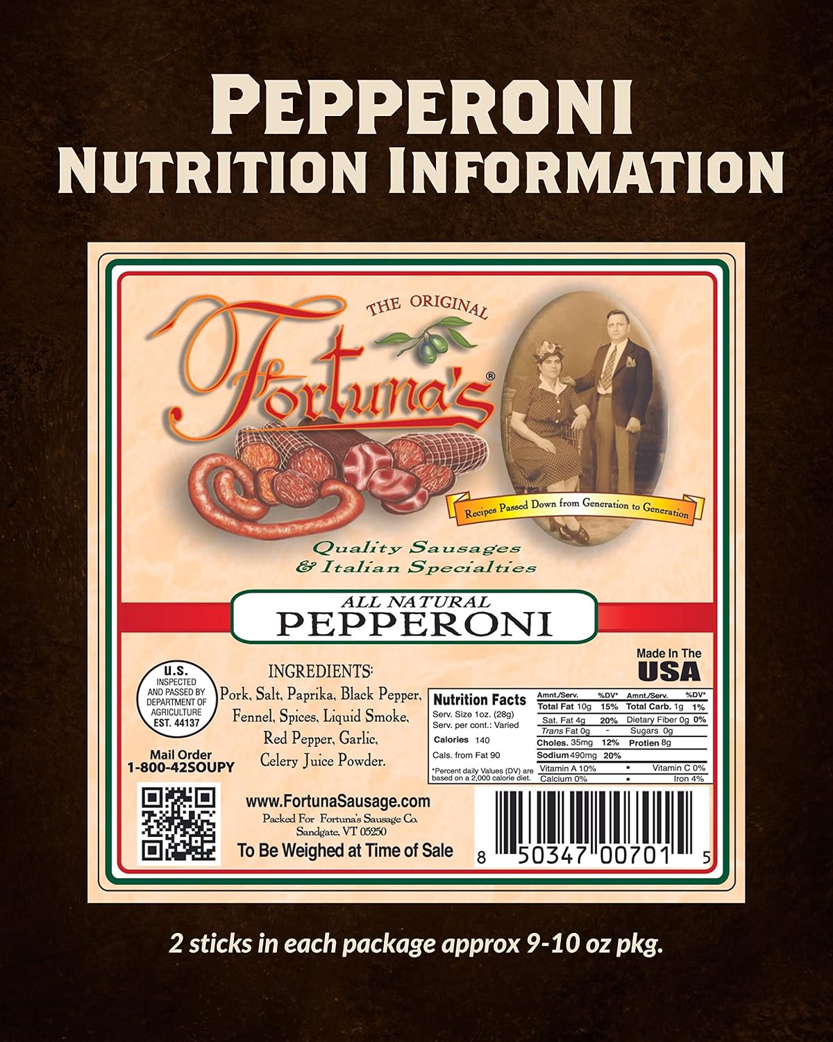 Fortuna's Naturally Cured Pepperoni Sticks 2 x 10oz - Delicious, Nitrate-Free Italian Pepperoni for Snacks, Pizzas, and Salads - Authentic Taste