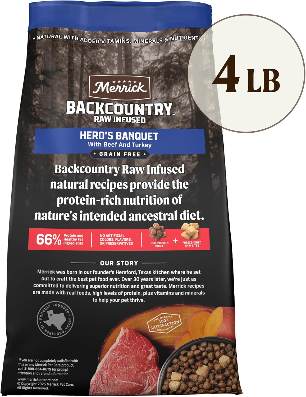 Merrick Backcountry Grain Free Dry Adult Dog Food, Kibble With Freeze Dried Raw Pieces, Hero’s Banquet Recipe - 4.0 lb. Bag