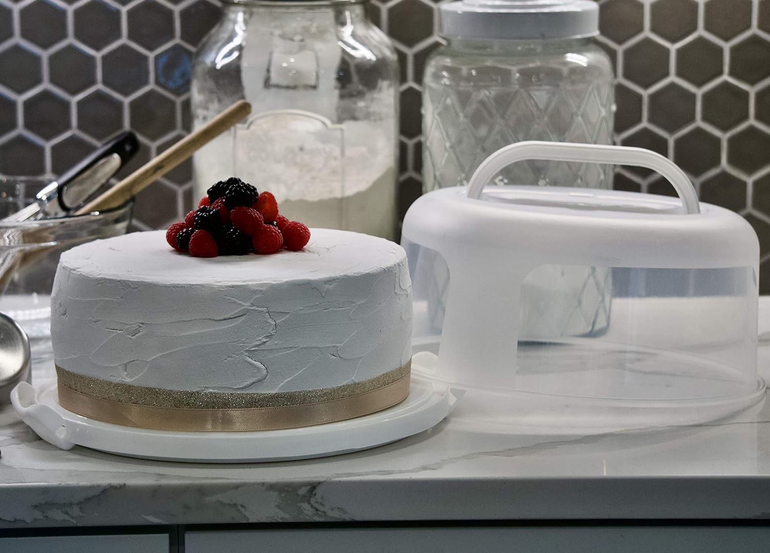 Top Shelf Elements Round Cake Carrier Two Sided Cake Holder Serves as Five Section Serving Tray, Portable Cake Stand Fits 10 inch Cake