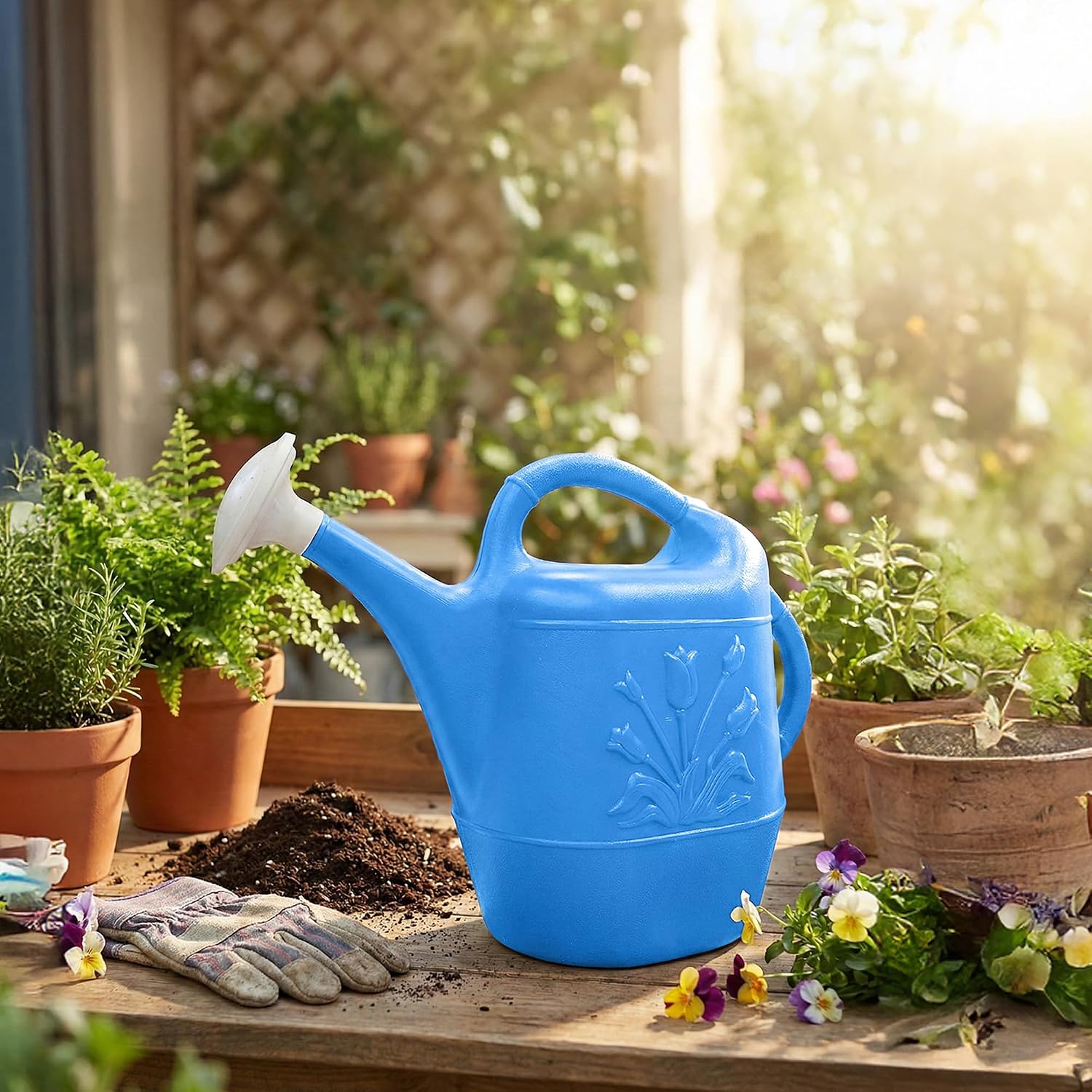 Union Products 63066 2 Gallon Plastic Indoor/Outdoor Watering Can w/Tulip Design for Garden, Potted Plants, & Patio Pots, Caribbean Blue