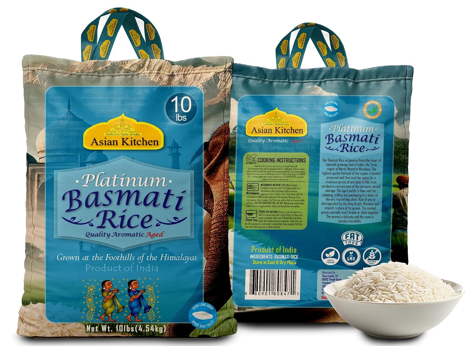 Asian Kitchen Platinum White Basmati Rice Extra Long Aged 20lbs (9.08kg) ~ All Natural | Gluten Friendly | Vegan | Indian Origin | Export Quality