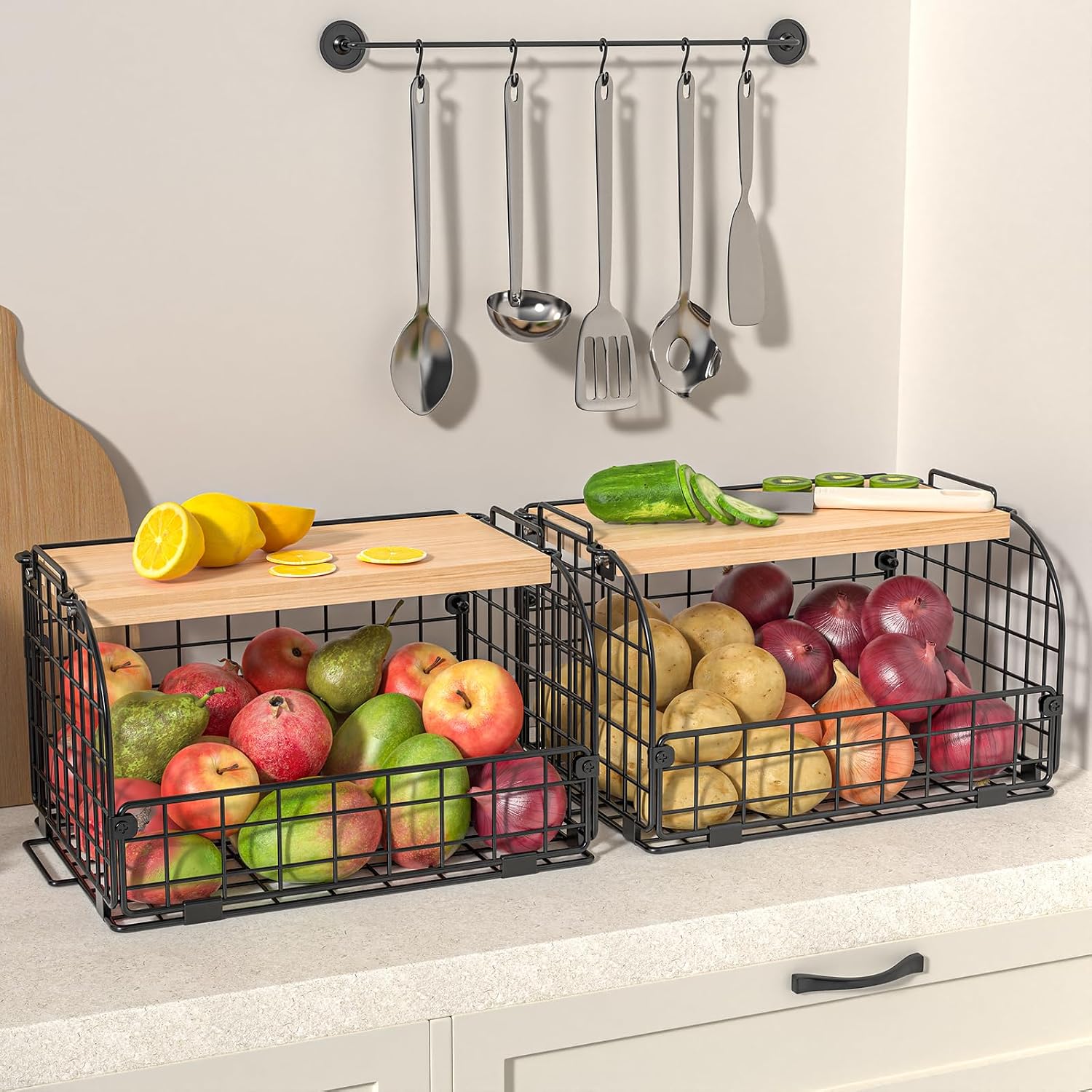 2 Set Stackable Wire Basket with Openable Top, Kitchen Counter