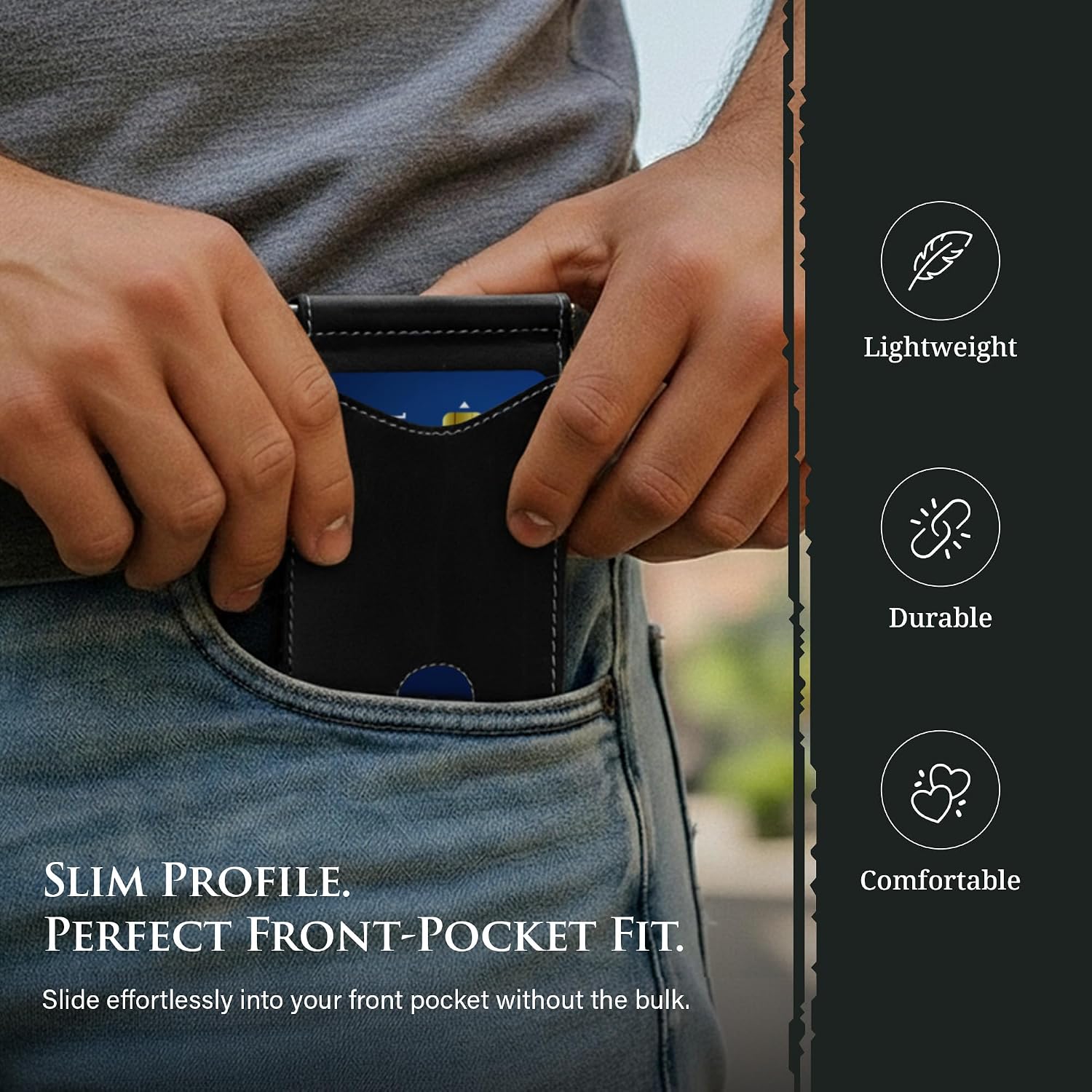 Genuine Bison Leather Wallet for Men, RFID Slim, Brown | Genuine bison leather wallet for men with RFID blocking and curved front pocket fit. Rugged slim everyday carry, brown.