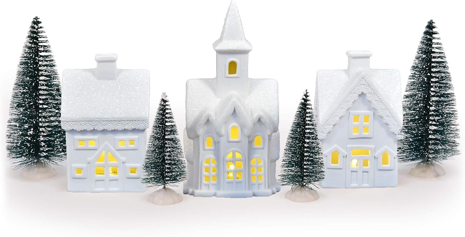 Mark Feldstein & Associates Village with Trees White Unglazed Porcelain Christmas Figurines, 7 Piece Set, 5 Inch