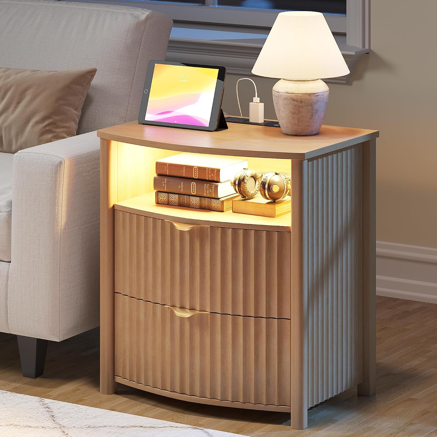 Dystler Fluted LED Night Stand with Hidden Gun Drawer & Charging | 19.7" W Curved Smart Bedside Table, 3-Color LED lights, 2 Drawers, Nightstand with Card-Lock, End Table for Bedroom, Walnut