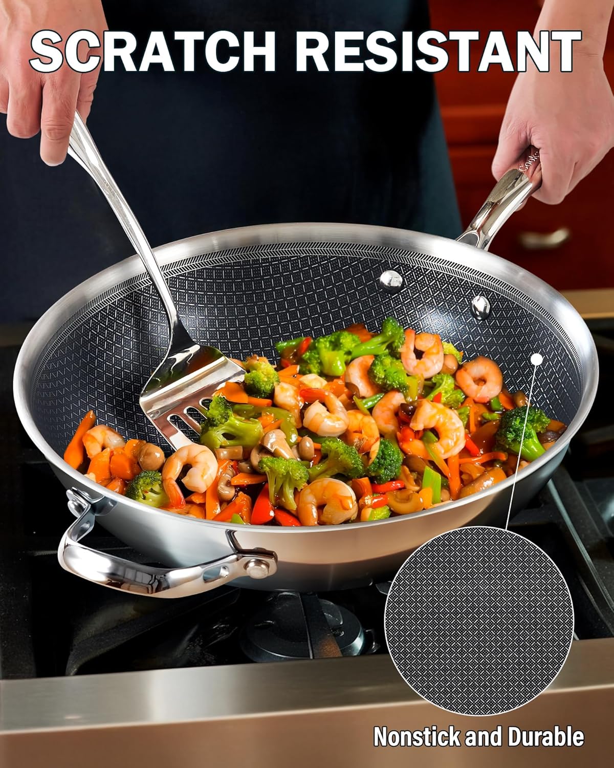 Cooks Standard Multi-Ply Clad 12 Inch Stainless Steel Wok Pan, Stir Fry Pan with Glass Lid, Induction Cookware, Dishwasher & Oven Safe, Compatible with All Cooktops
