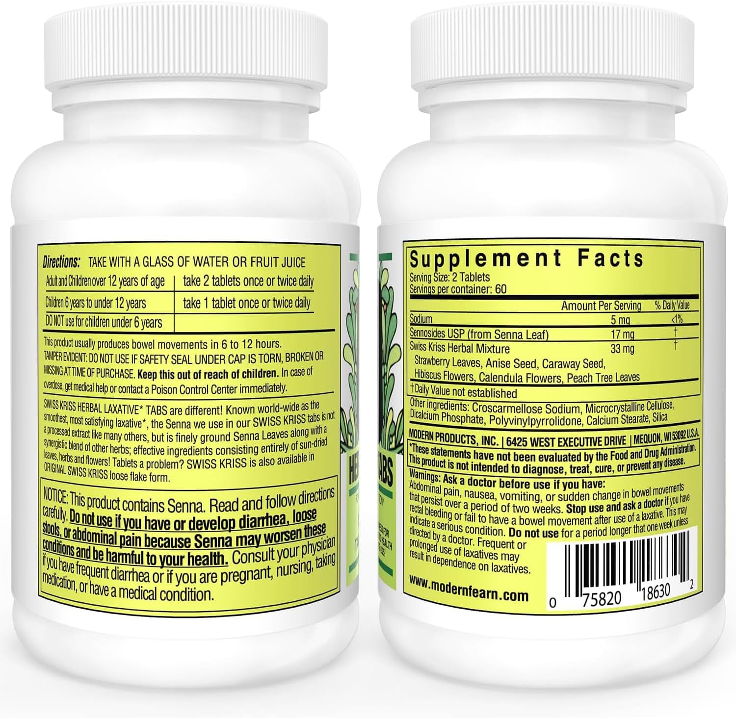 Swiss Kriss Herbal Laxative Tablets, Natural Laxatives for Constipation Relief, Senna Laxative, 250 tablets, (Pack of 2)