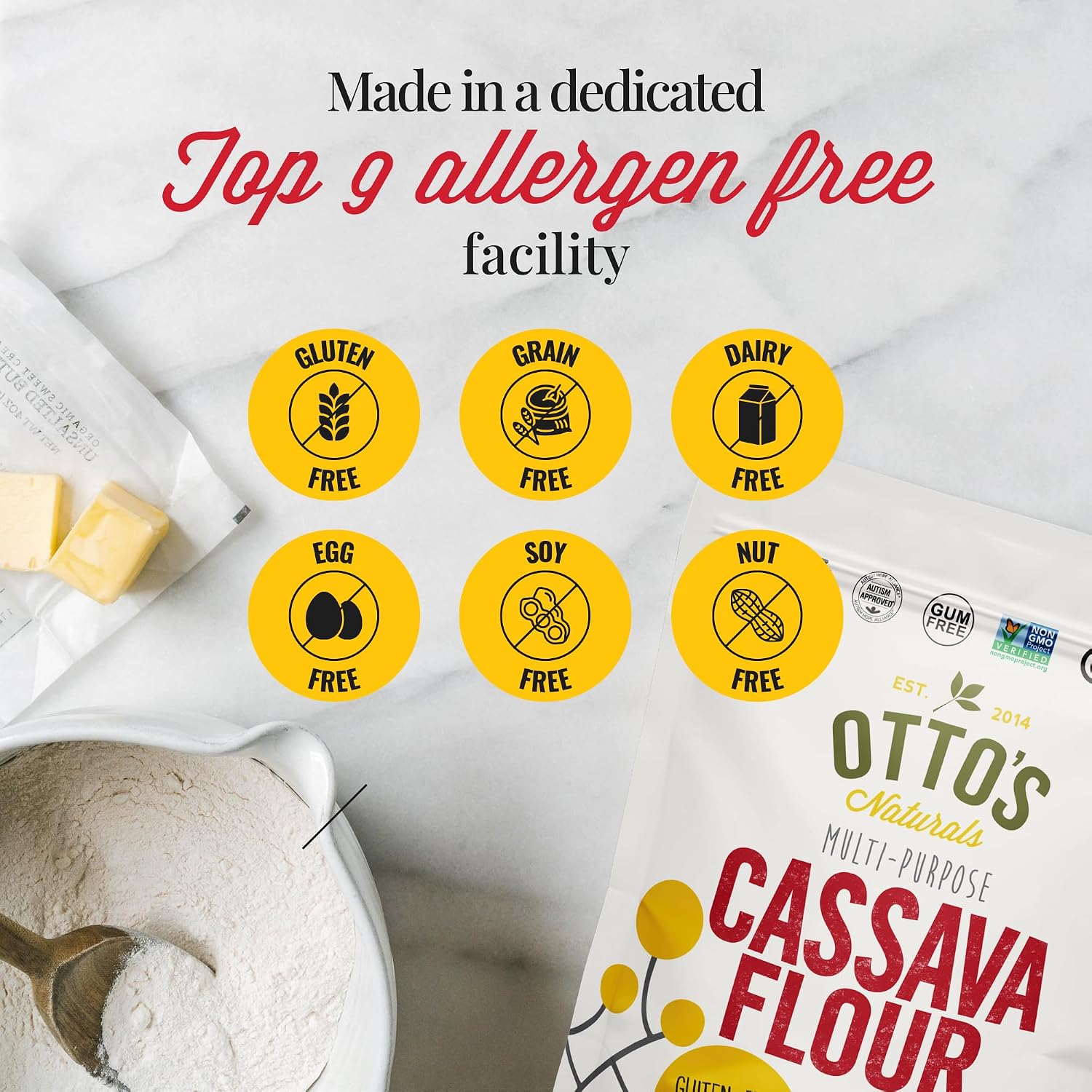 Otto's Naturals Multi-Purpose Cassava Flour, 2 LB. | All Purpose Wheat Replacement, Top 9 Allergen Friendly, Use for Bread, Cake and Crust, Gluten & Grain Free, Non-GMO, Nut-Free