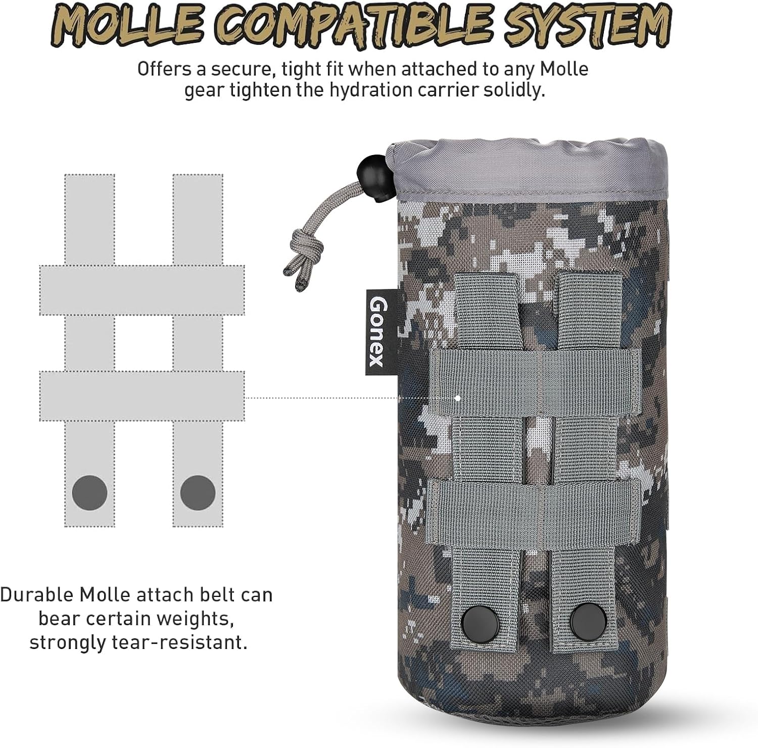 Gonex MOLLE Bottle Pouch, Drawstring Water Bottle Holder | 900D Oxford, Mesh Bottom, Fits MOLLE Packs & Vests, Flexible Height, Holds Bottles or Umbrellas