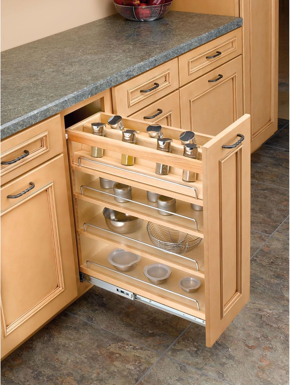 Rev-A-Shelf Pullout Kitchen Cabinet Organizer, Min Cabinet Opening 8.5" W | 8" W Slide Out Pantry Spice or Utensil Storage Rack with Adjustable Shelves for Base Cabinet Organization, 448-BC-8C