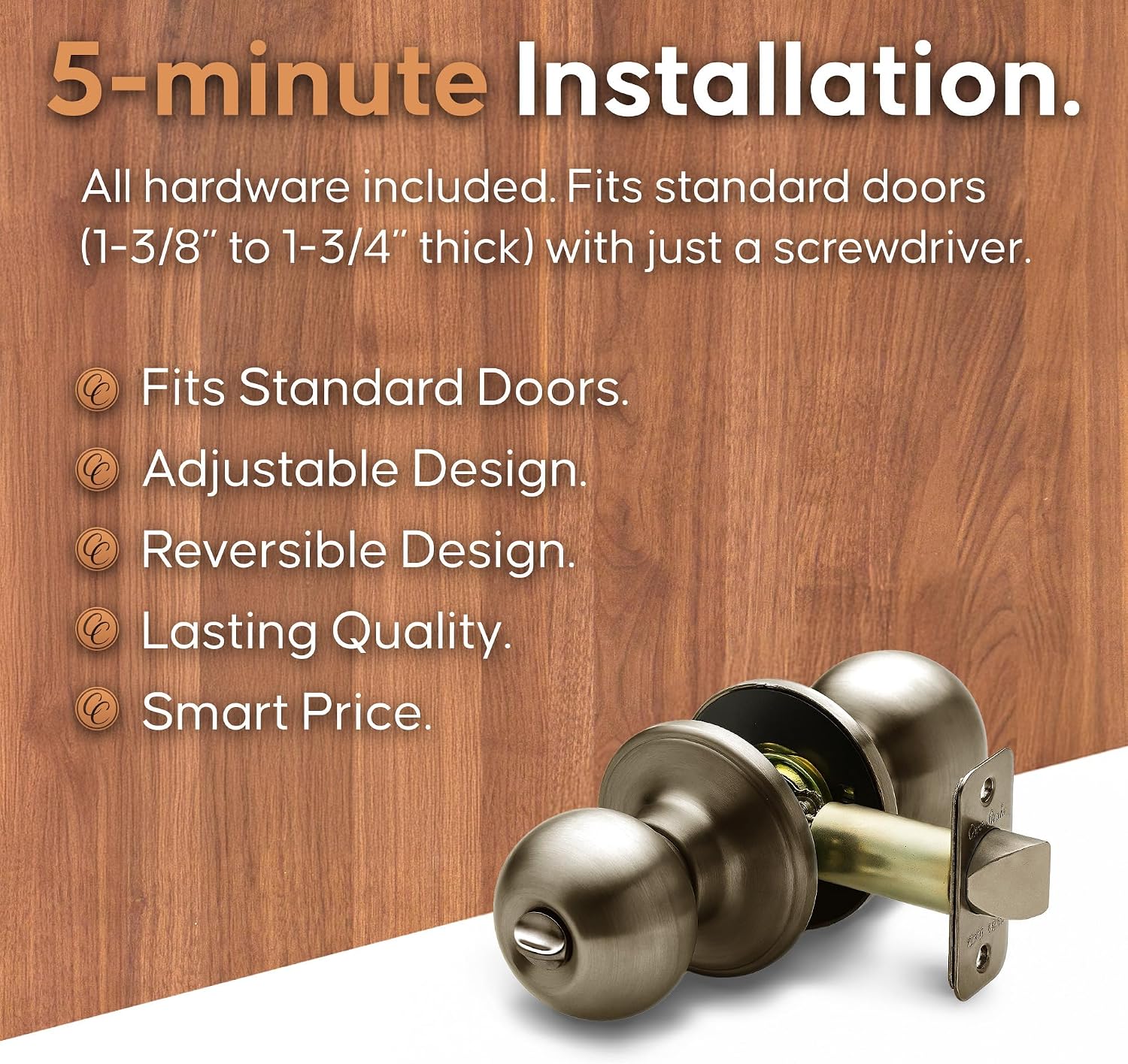 Copper Creek Privacy Interior Door Knob – ANSI Grade-3 Certified, Modern Heavy Duty Handle, Easy Install and Reversible for Bedroom, Bathroom & Closets – Satin Stainless (1 Pack)