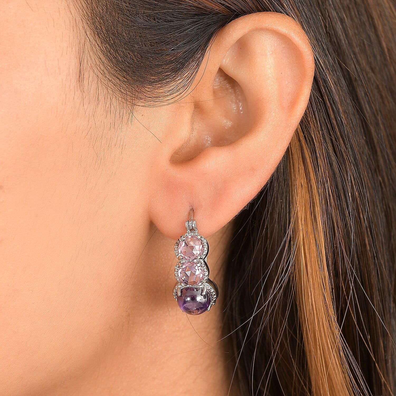 Amethyst Color and Pink Cubic ZirconiaEarrings in Stainless Steel