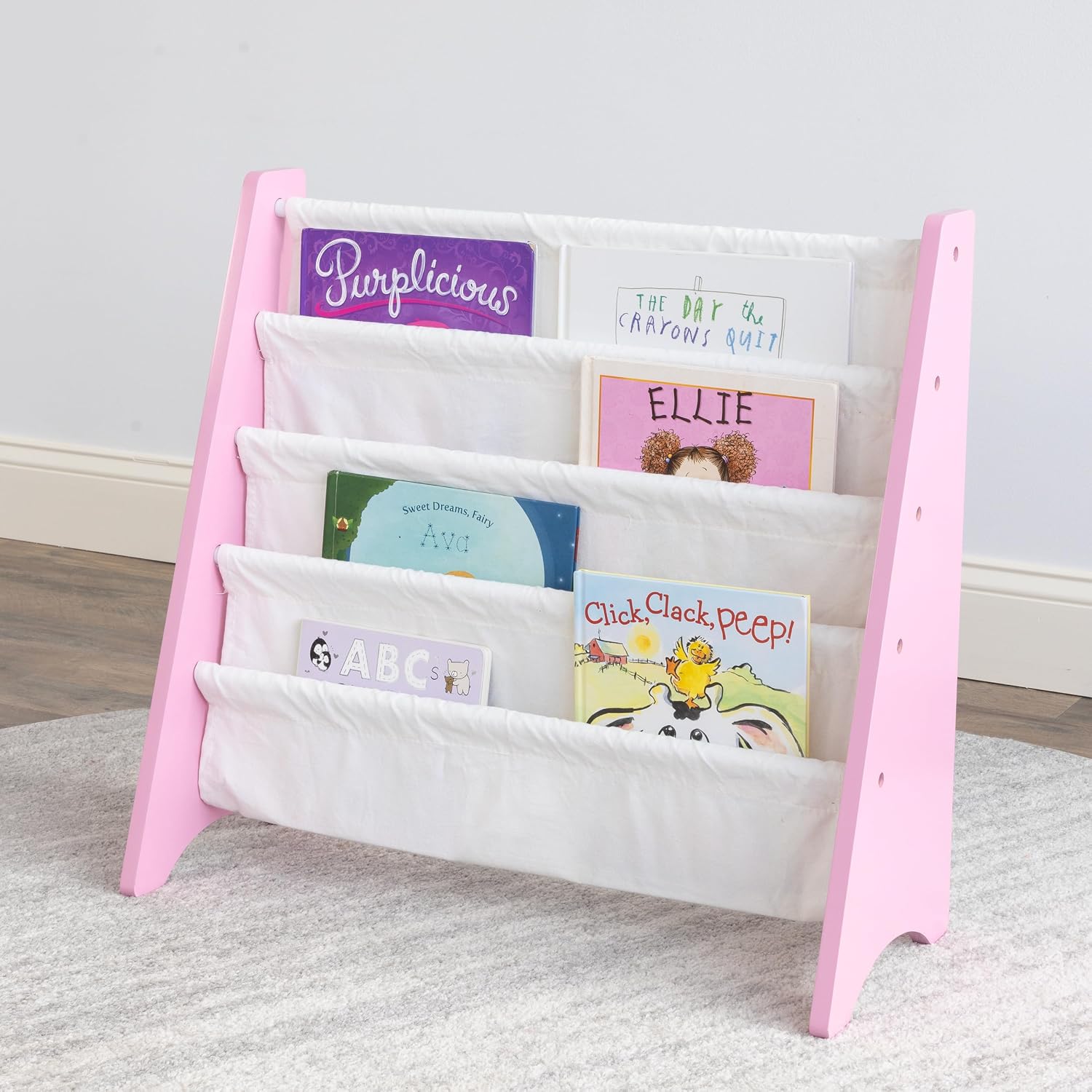 Humble Crew Kids Bookshelf, Montessori Front Facing Toddler Bookcase 4 Tier | Book display rack and reading nook organizer, nylon pockets show covers face out, compact for any playroom or bedroom space