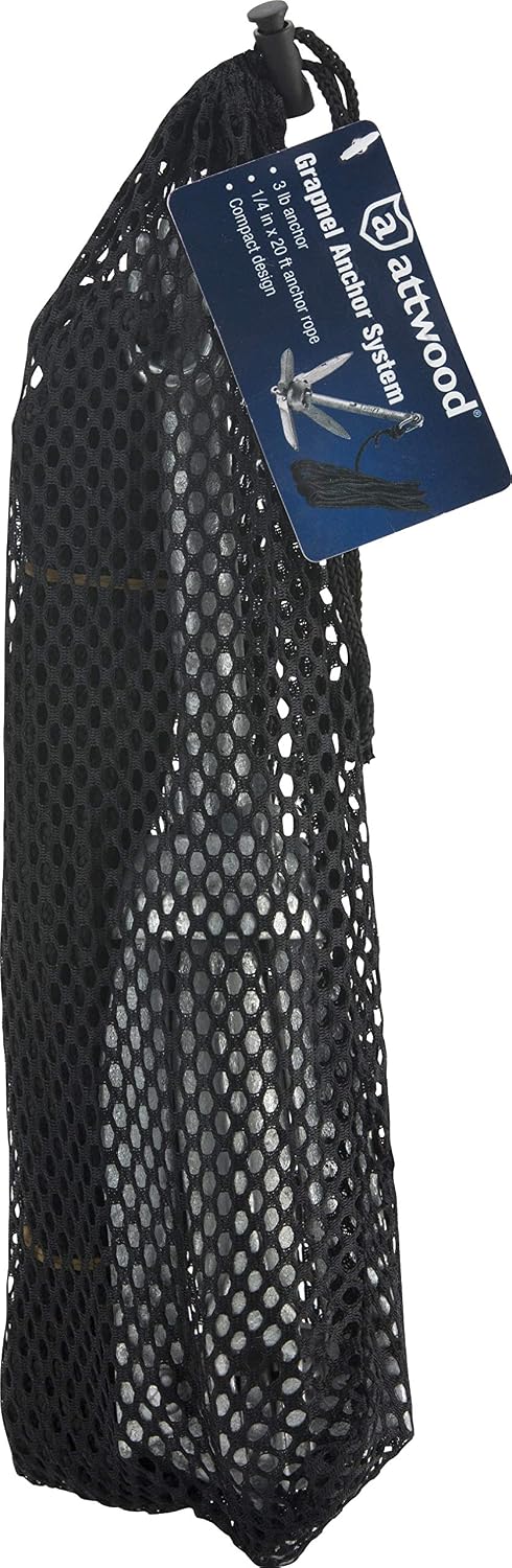 Attwood 11959-1 Universal 3 lb Marine Grapnel Folding Anchor with 20-Foot MFP Rope and Mesh Storage Bag