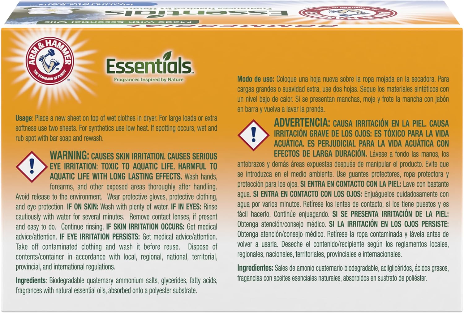 Arm & Hammer Essentials Fabric Softener Sheets-Mountain Rain-144ct