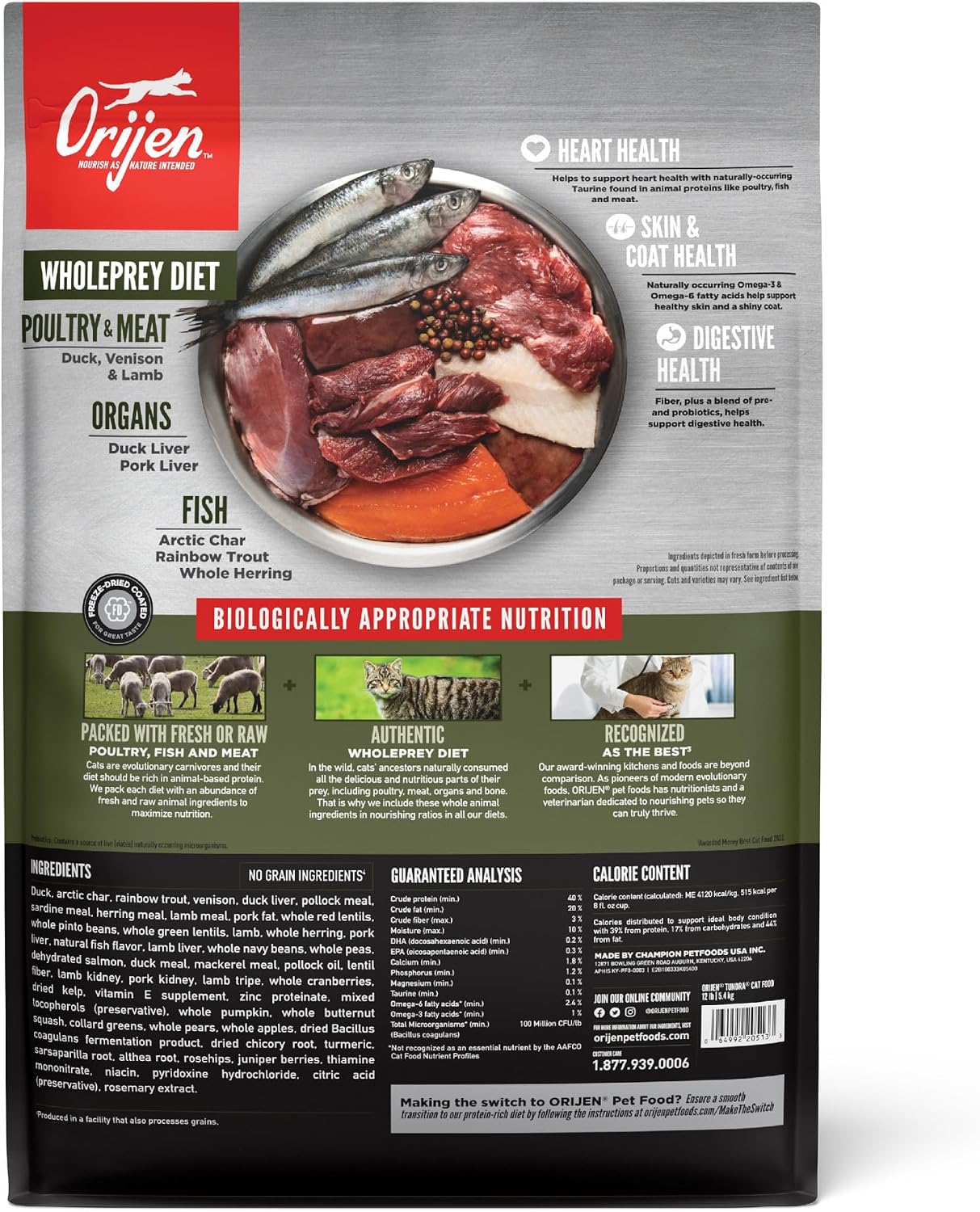 ORIJEN Grain Free WHOLEPREY Dry Cat Food Original Recipe 4lb. Bag | 90% Animal Ingredients, Freeze Dried, Fresh or Raw Ingredients, High Protein, Heart Health, Free-Run Poultry