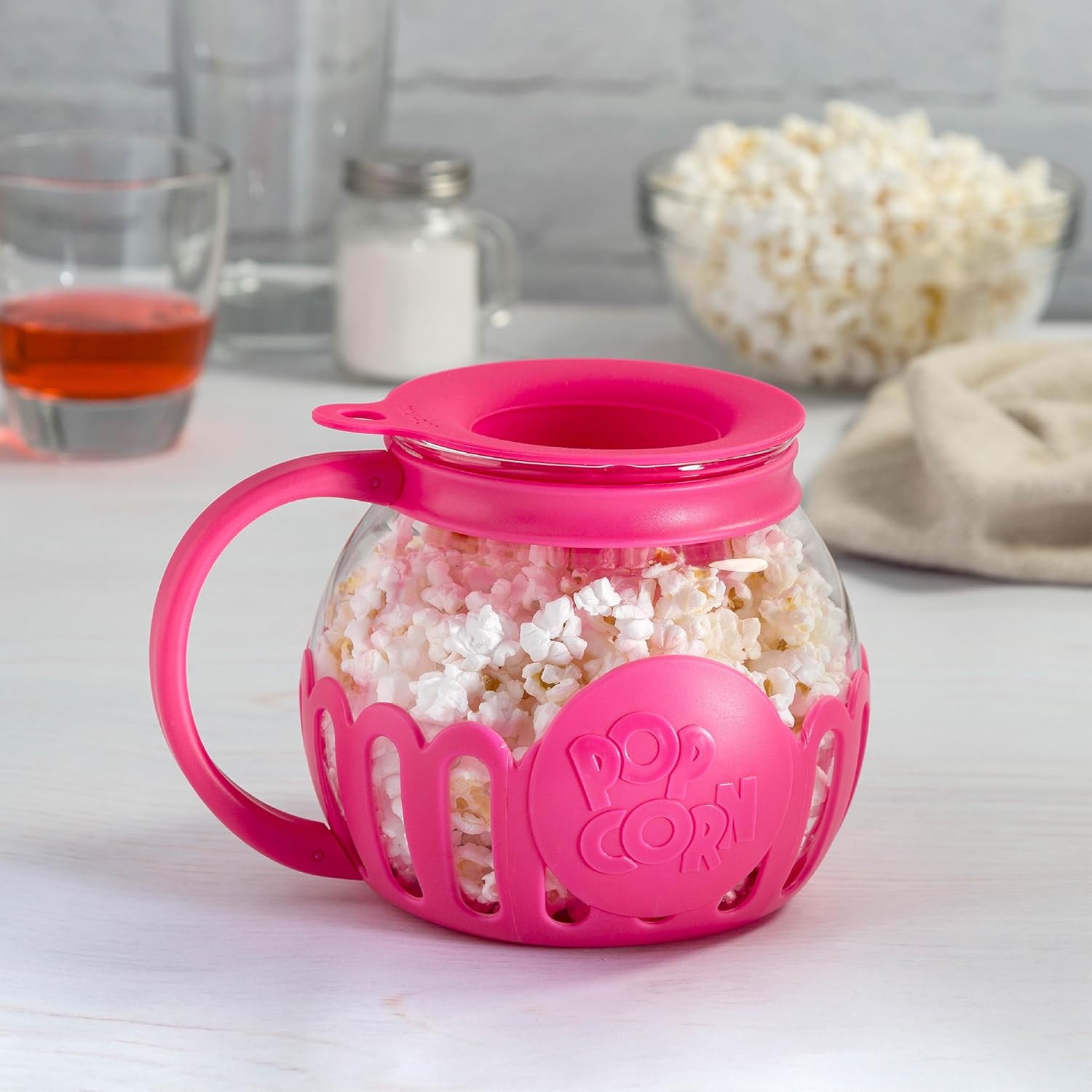 Ecolution Patented Micro-Pop Microwave Popcorn Popper with Temperature Safe Glass, 3-in-1 Lid Measures Kernels and Melts Butter, Made Without BPA, Dishwasher Safe, 3-Quart, Red