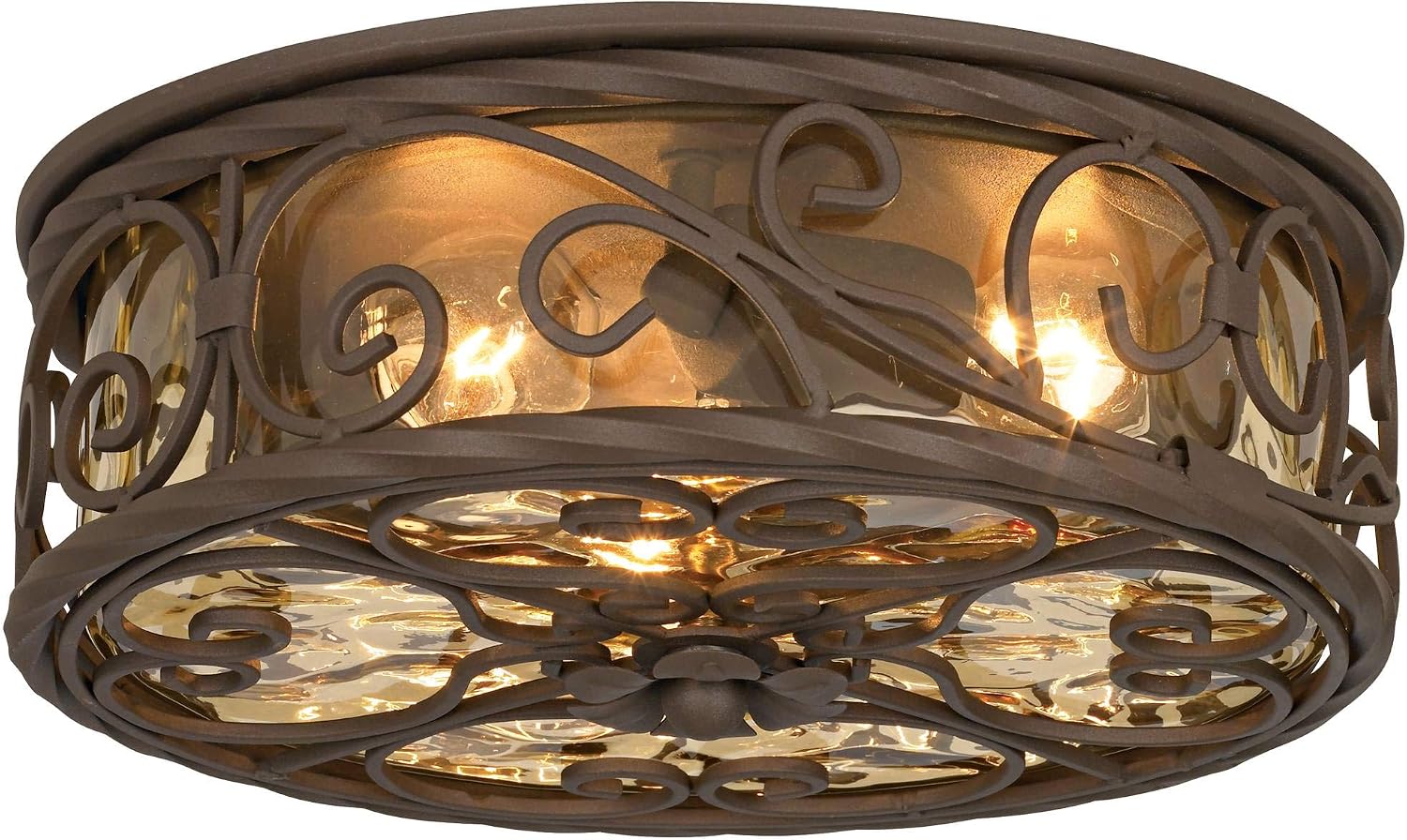Casa Seville 12" Walnut Rustic Indoor-Outdoor Ceiling Light Fixture | Flush-Mount Dark Scroll Water Glass Damp Rated for Exterior House Porch Patio Outside Deck Garage Front Door Home
