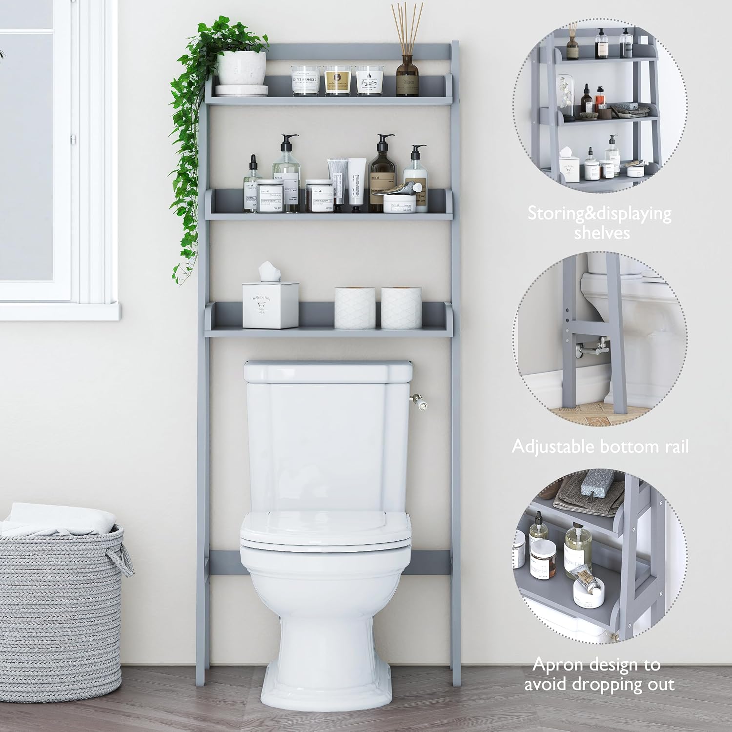 UTEX Over The Toilet Storage Shelf, 3-Tier Bathroom Organizer, White | FSC-Certified MDF, Open Ladder Design, Adjustable Lower Crossbar, Anti-tip Hardware, 33-Inch Clearance, Raised Side Guards