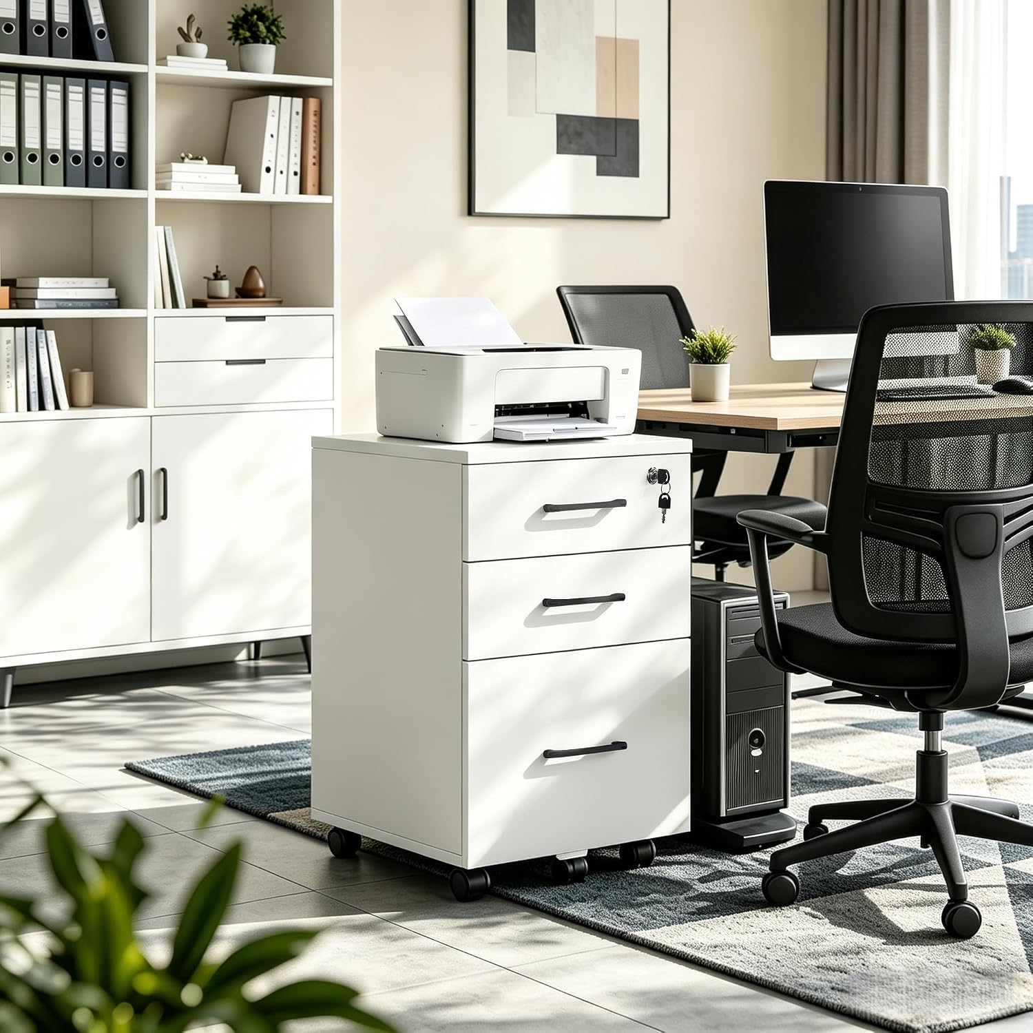 File Cabinet With Lock, 3 Drawer Wood Rolling Filing Under Desk for Home Office, Storage Fits Letter/A4 Size, Mobile Printer Stand, White
