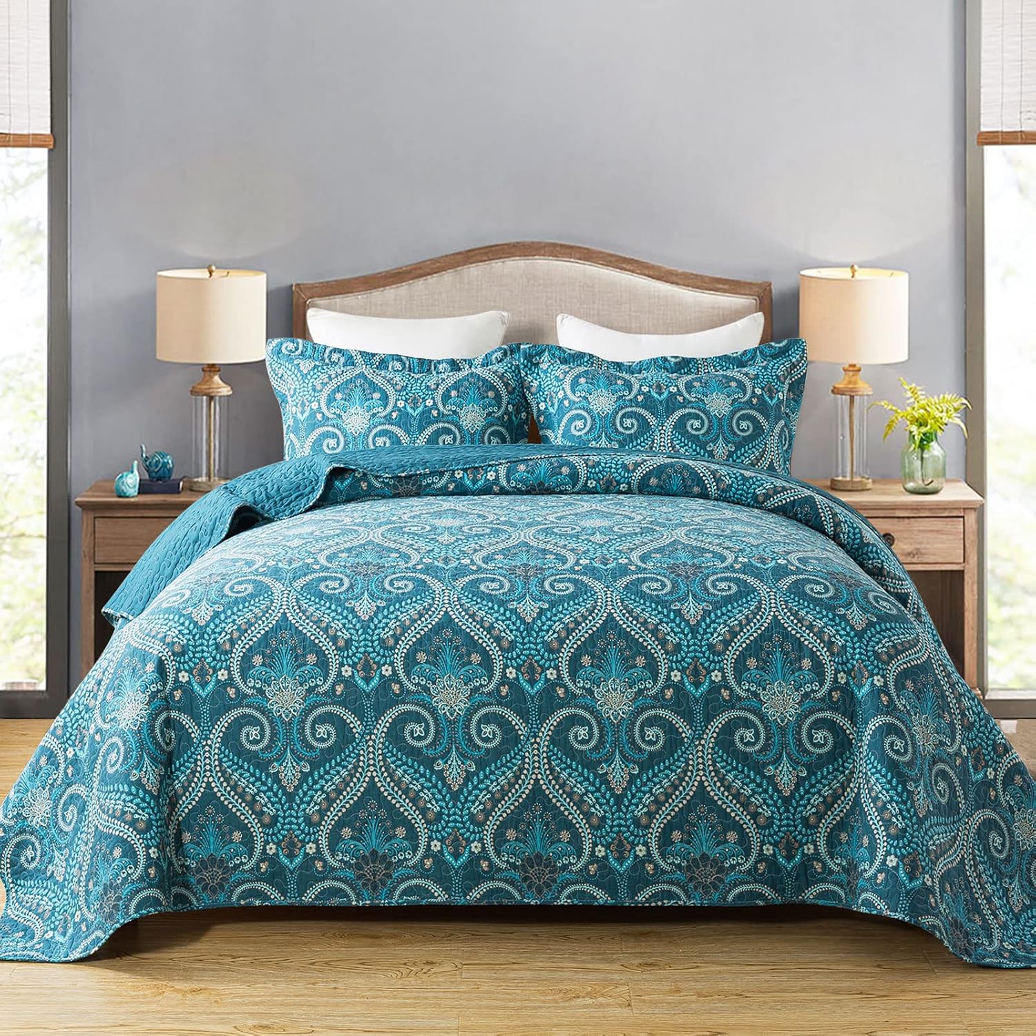 Travan Queen Quilt Set 3-Piece Bedspread Quilted Oversized Lightweight Microfiber Coverlet Set with Shams Violet Purple Floral Pattern Quilted