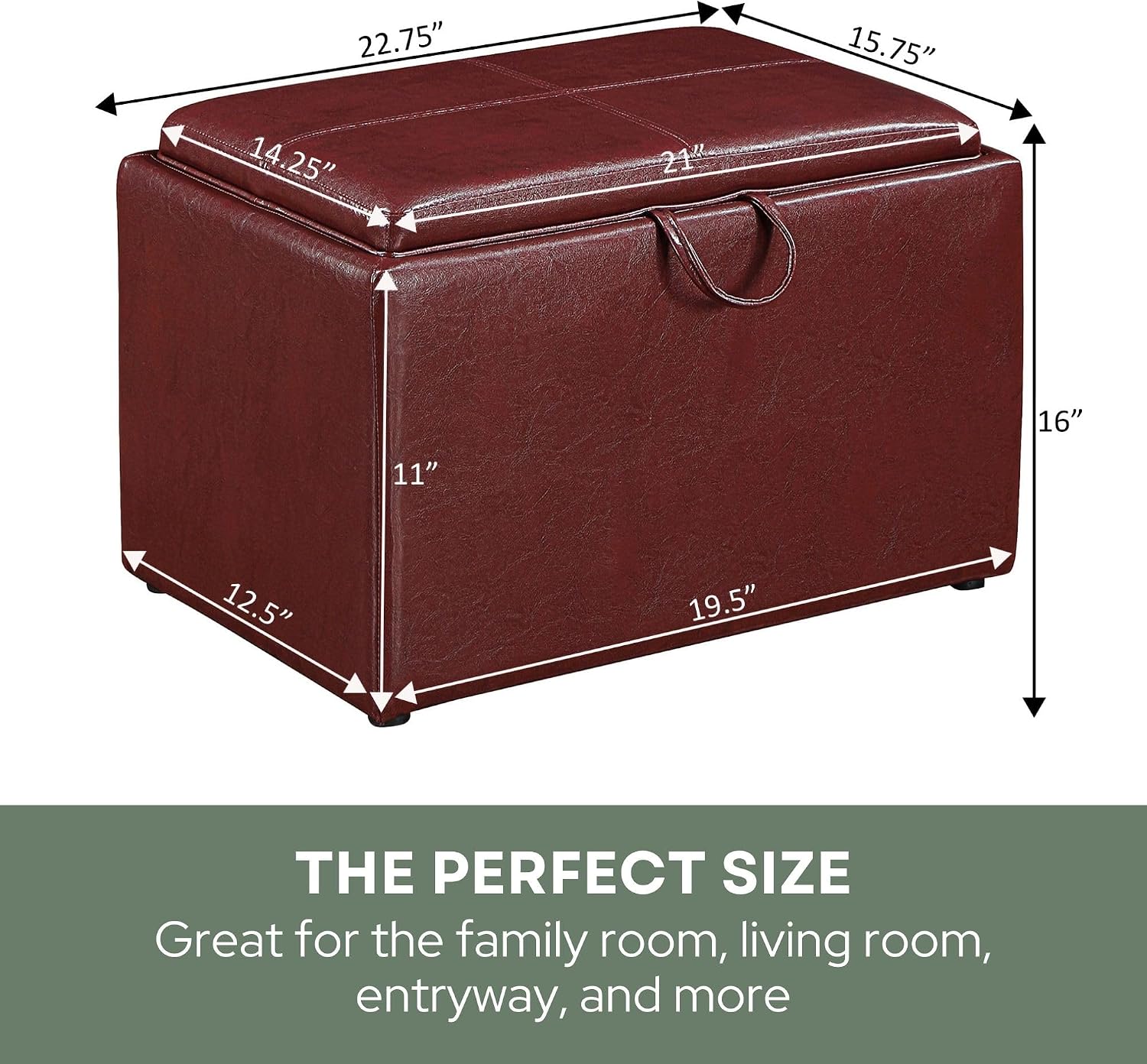 Convenience Concepts Designs4Comfort Accent Storage Ottoman 22.75" - Modern Foot Stool with Decorative Tray for Living Room, Dining Room, Office, Blue Faux Leather