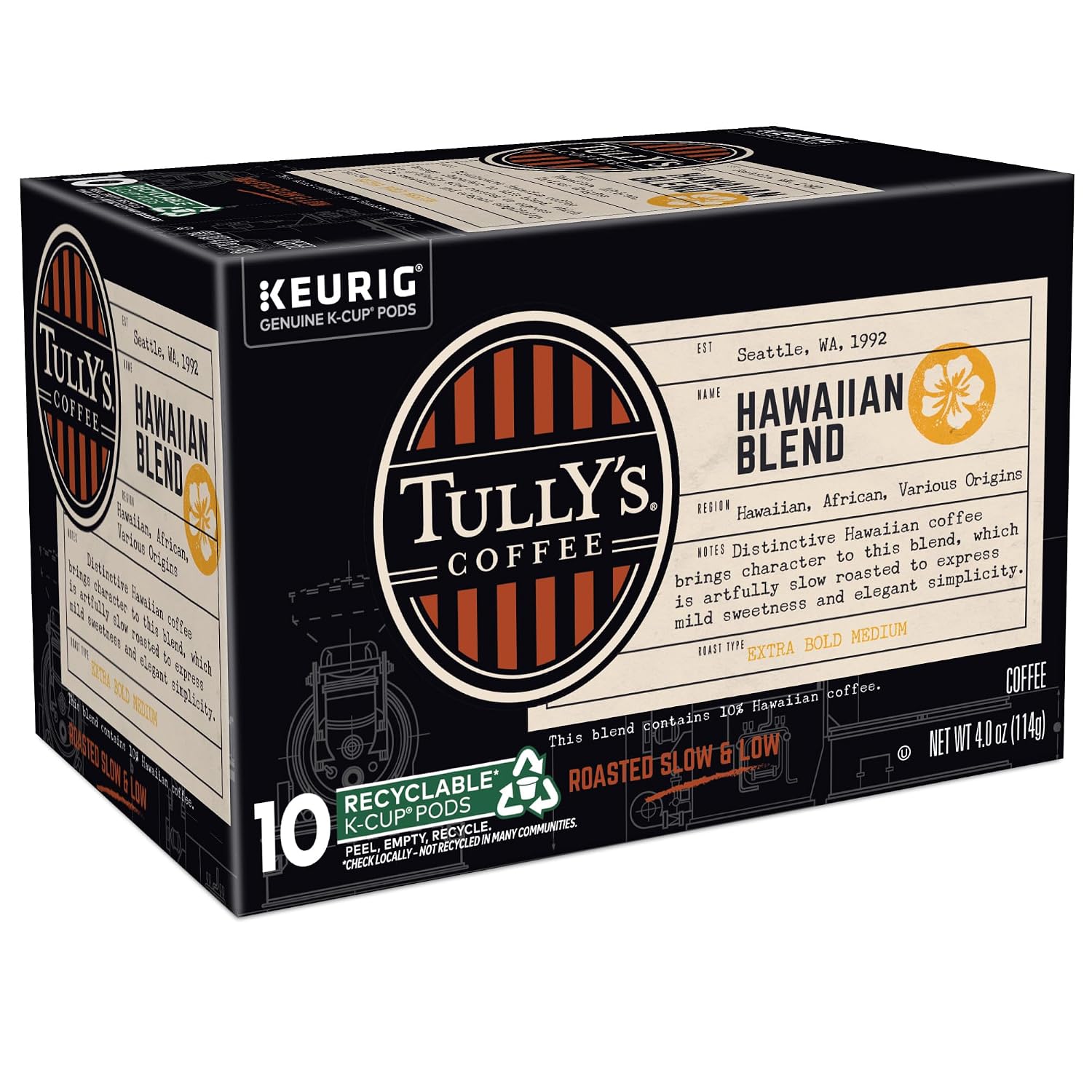 Tully's Coffee Hawaiian Blend Keurig Single-Serve K-Cup Pods, Medium Roast Coffee, 96 Count