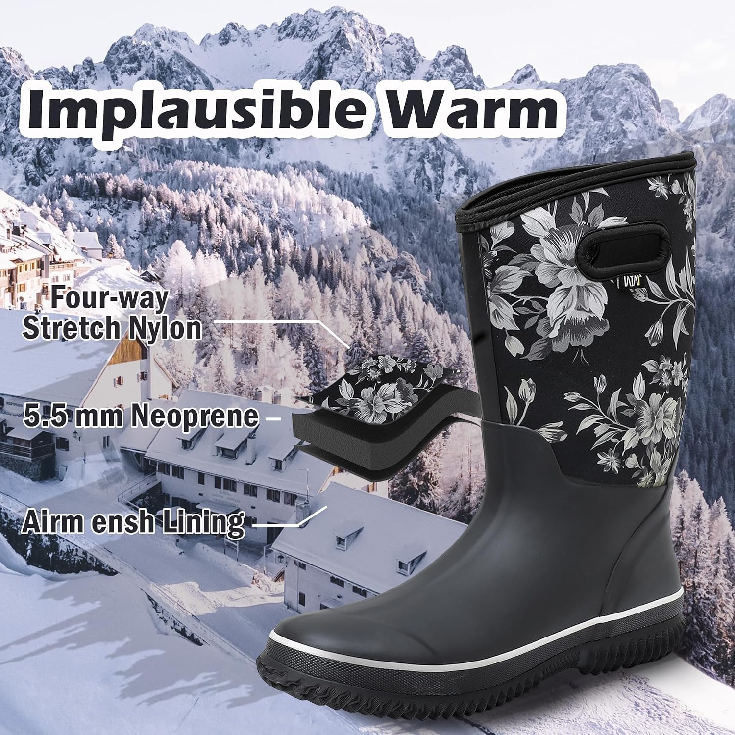 WTW Womens Mid Calf Rain Boots - Waterproof Insulated Neoprene Rubber Boots Mud Outdoor Hunting Garden Boots